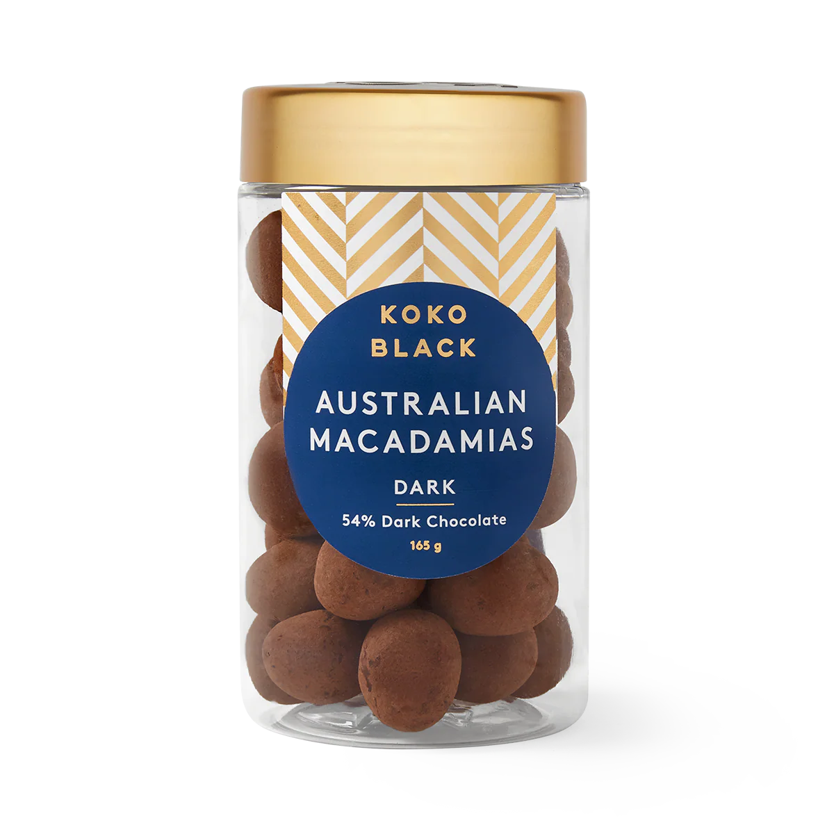 Jar of Koko Black Australian Macadamias with a gold lid on a white background