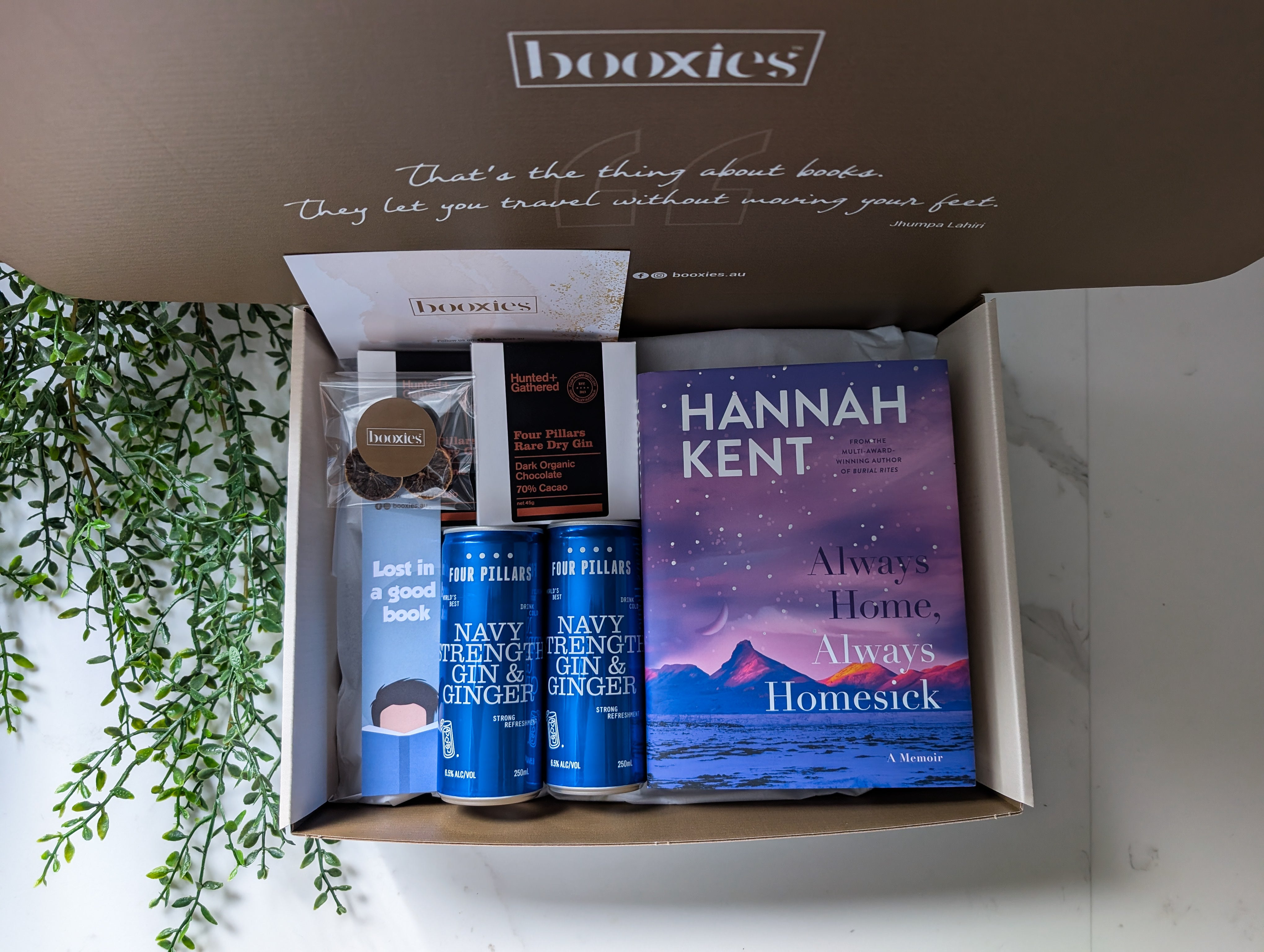 Gin, Tonic N books booxies gift box includes a book from your favourite genre, 2x navy strength gin & ginger, 2 gin infused chocolate, bookmark, garnish and greeting card