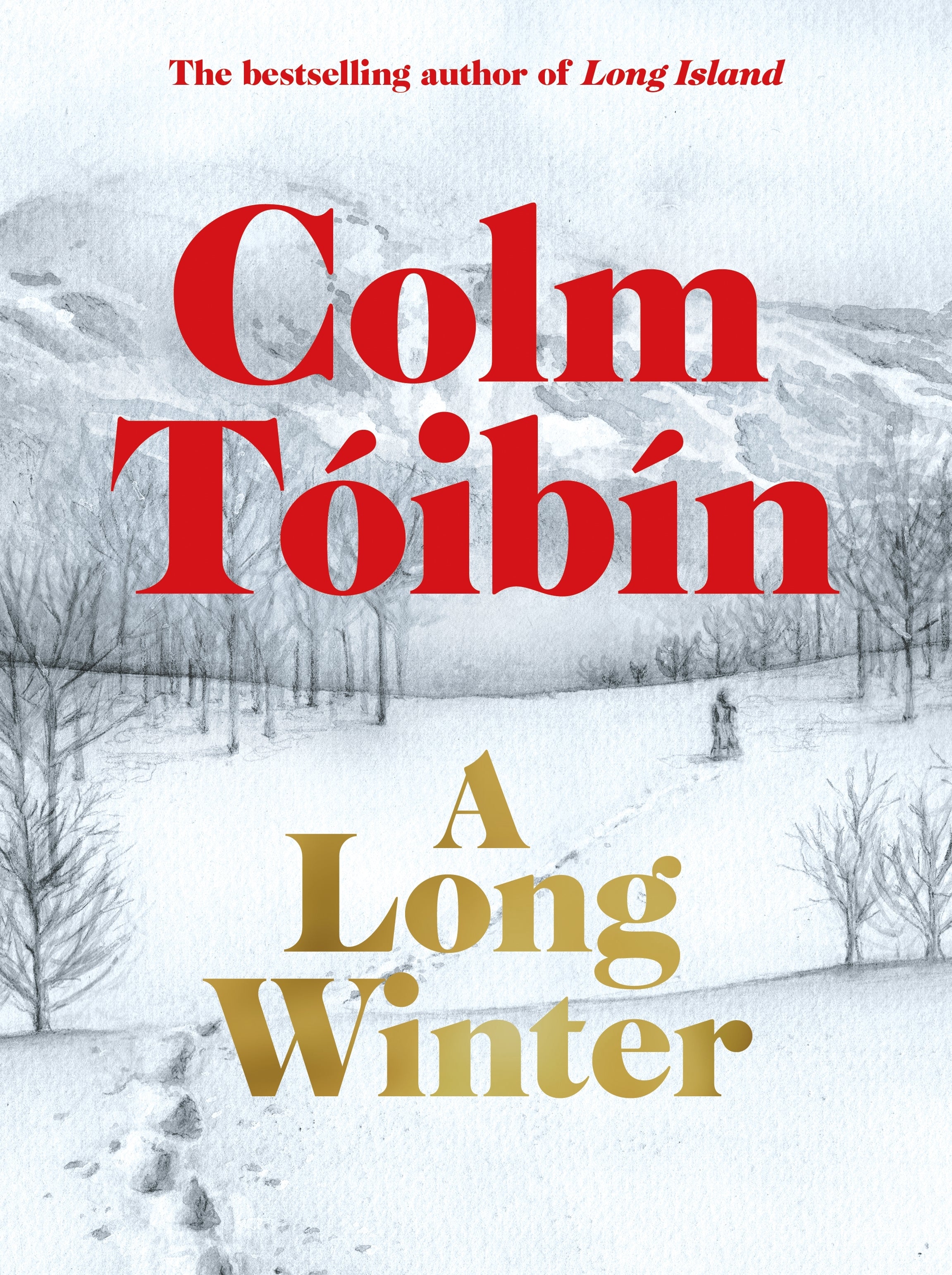 Book cover of 'A Long Winter' by Colm Tôibóin with a snowy landscape background.