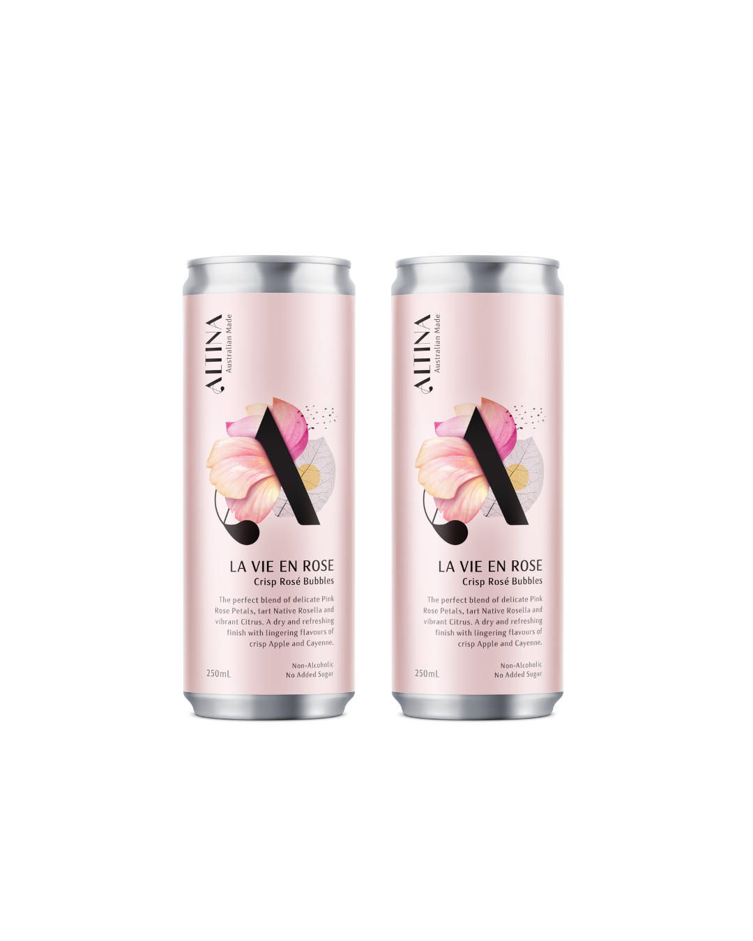 Two cans of Altina alcohol free 'La Vie En Rose' with floral design on a white background