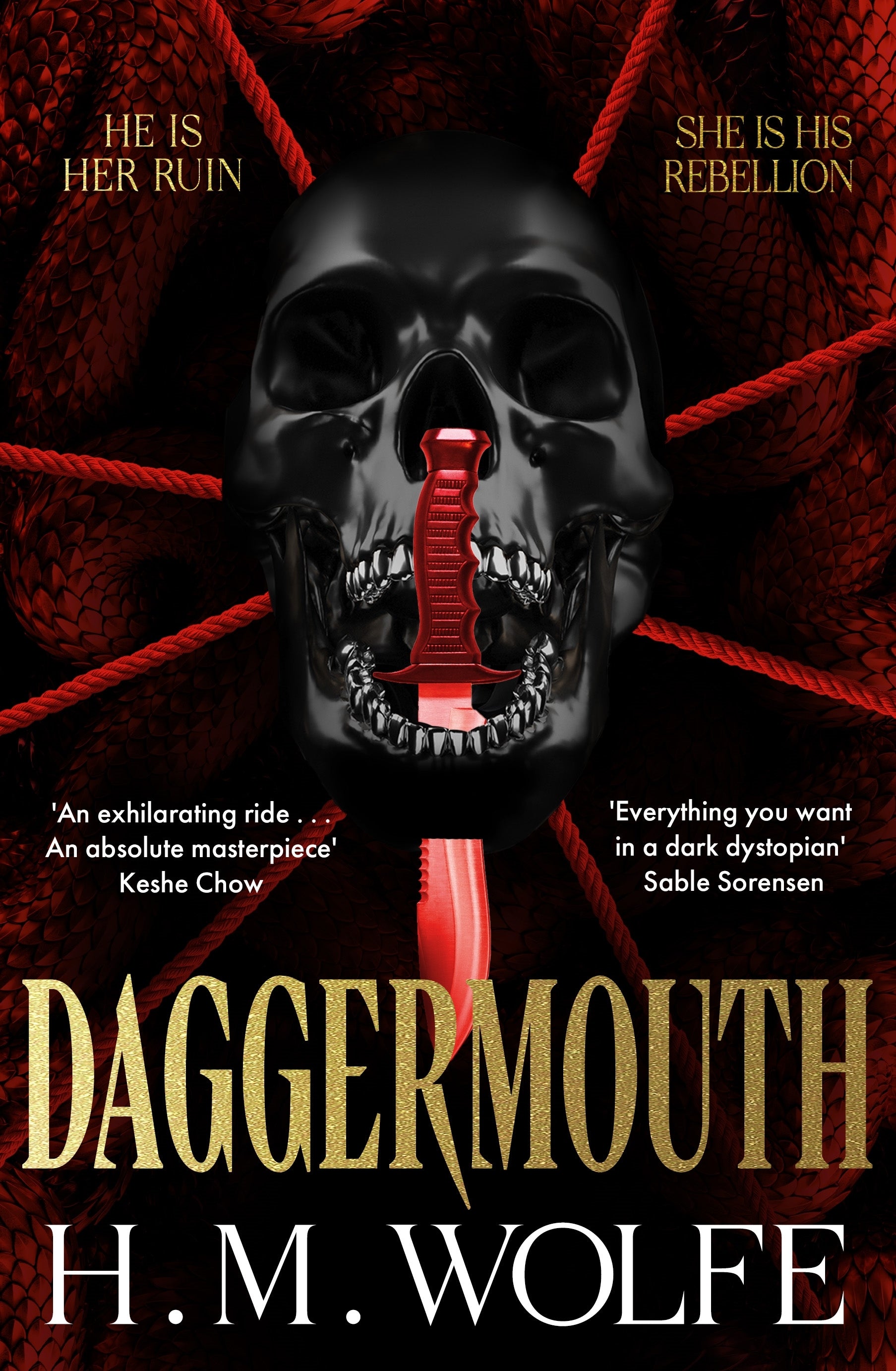 Book cover of 'Daggersmouth' with a skull and red text on a dark background