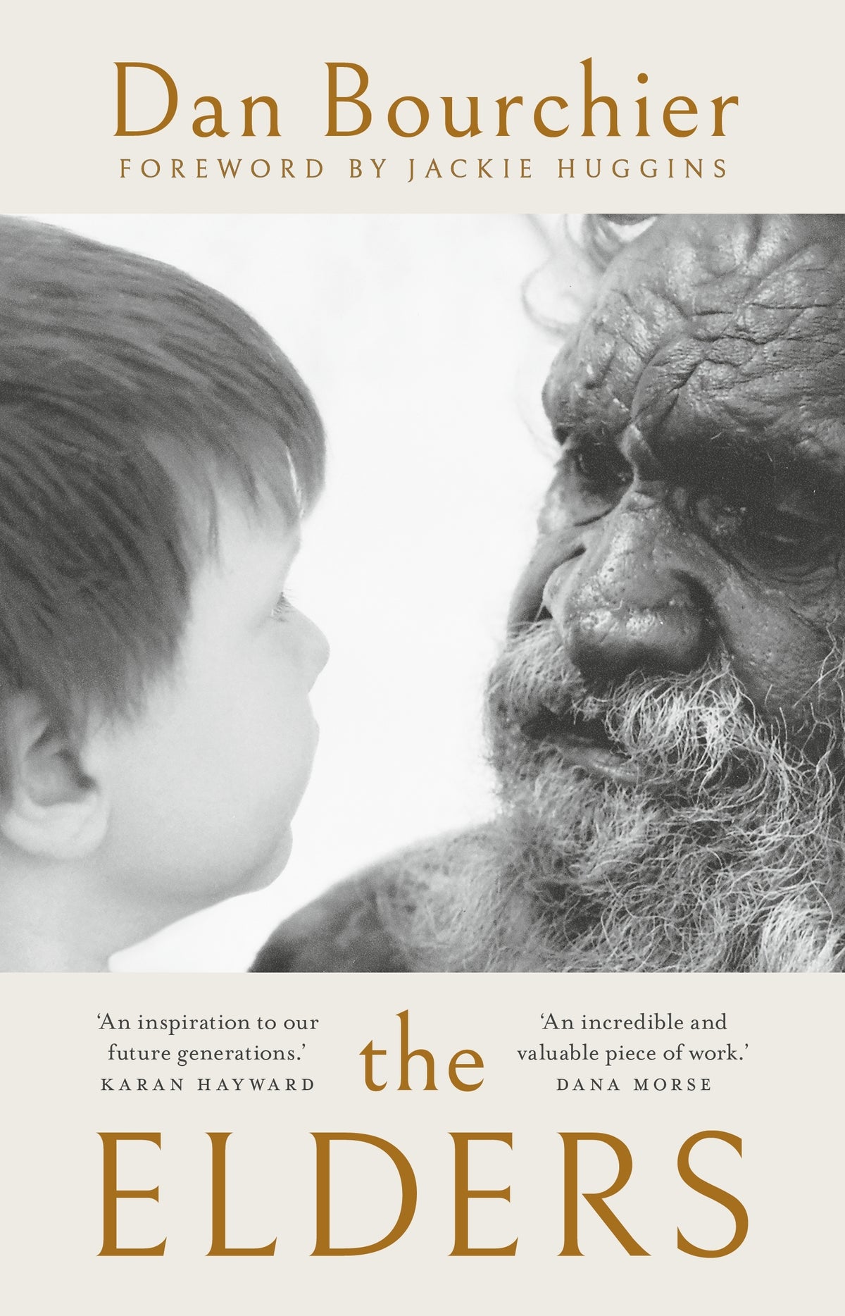 Book cover for 'The Elders' by Dan Bourchier, featuring a black-and-white photograph of a young boy looking at an elderly bearded man, with gold title text on a light beige background.