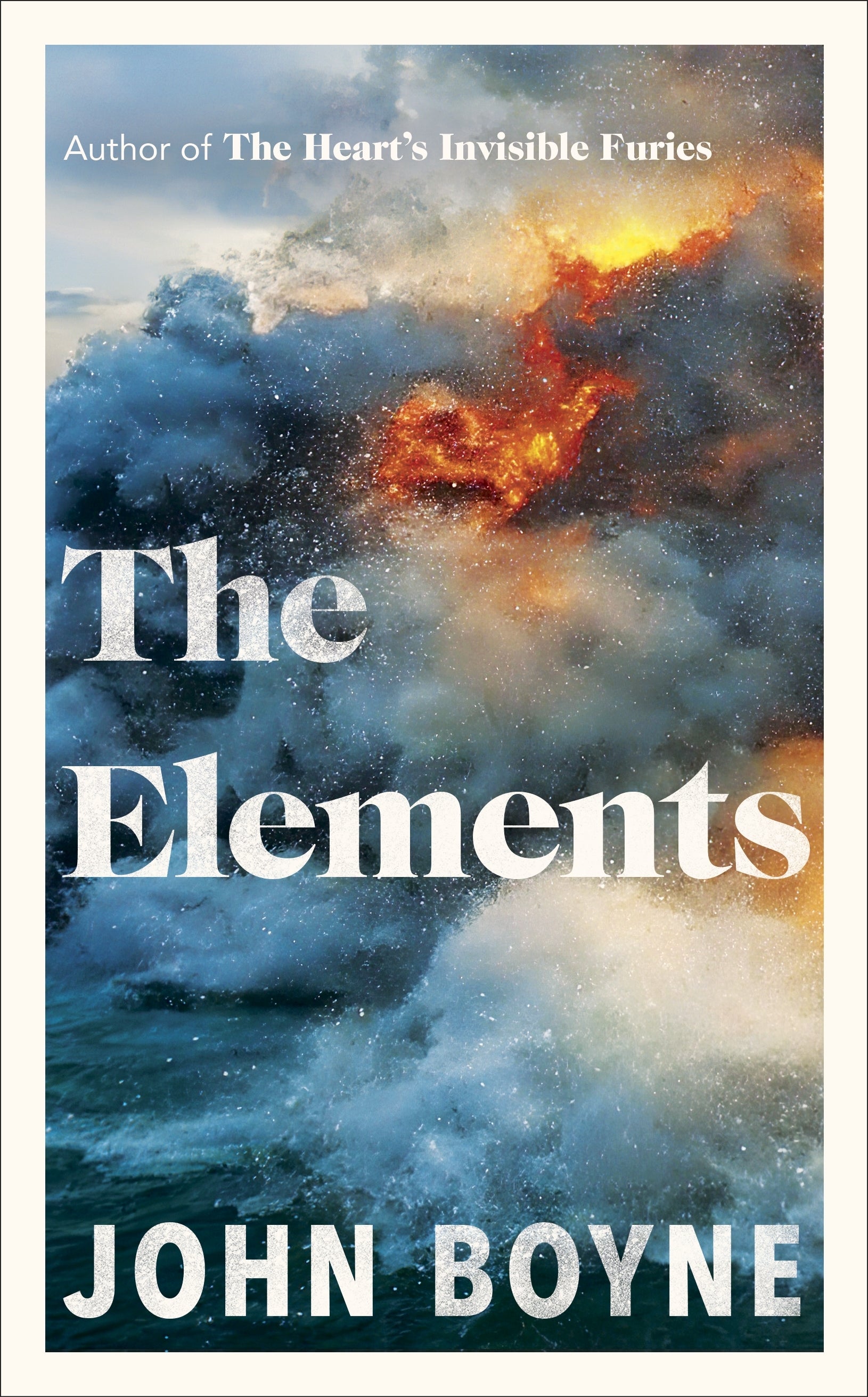 Book cover of 'The Elements' by John Boyne with a fiery and watery design.