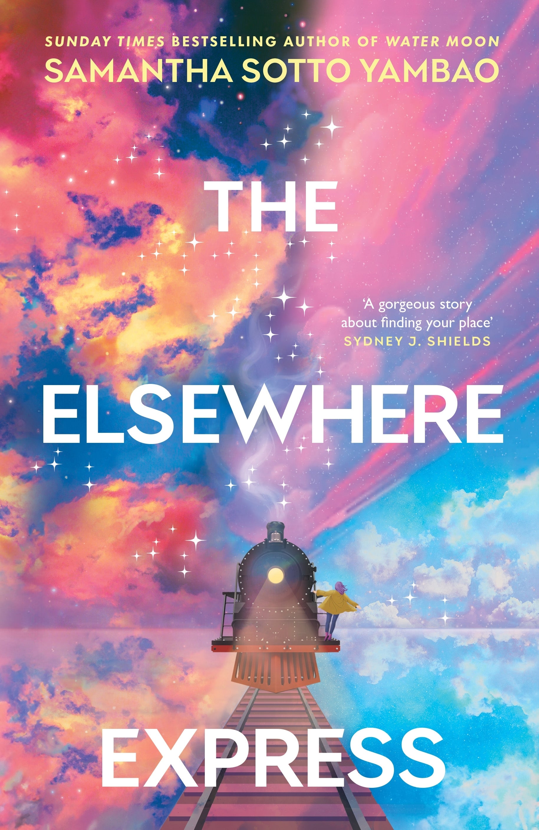 Book cover of 'The Elsewhere Express' with a colorful sky and train.