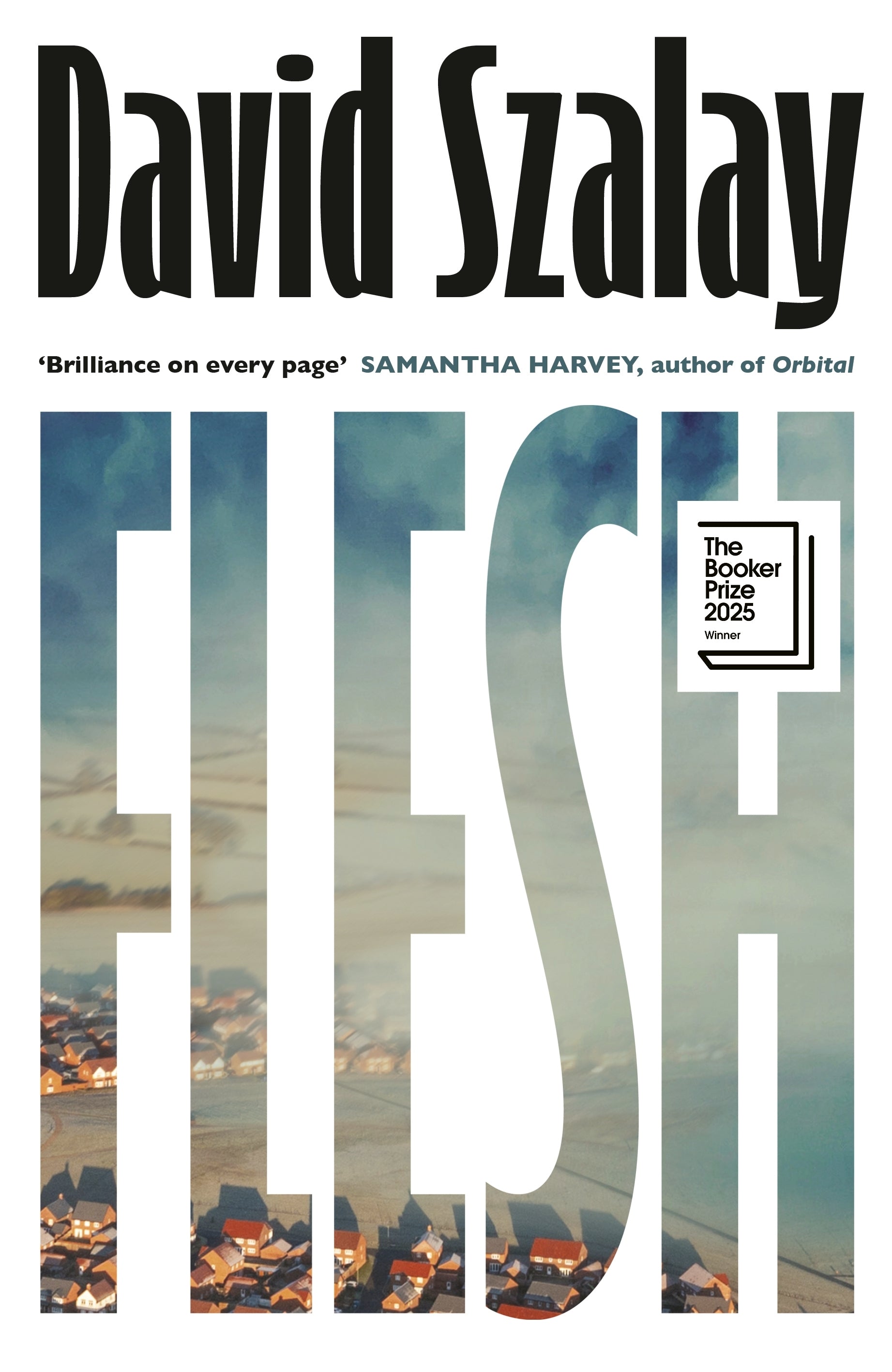 Book cover of 'Flesh' by David Szalay with a scenic design and Booker Prize 2023 badge.