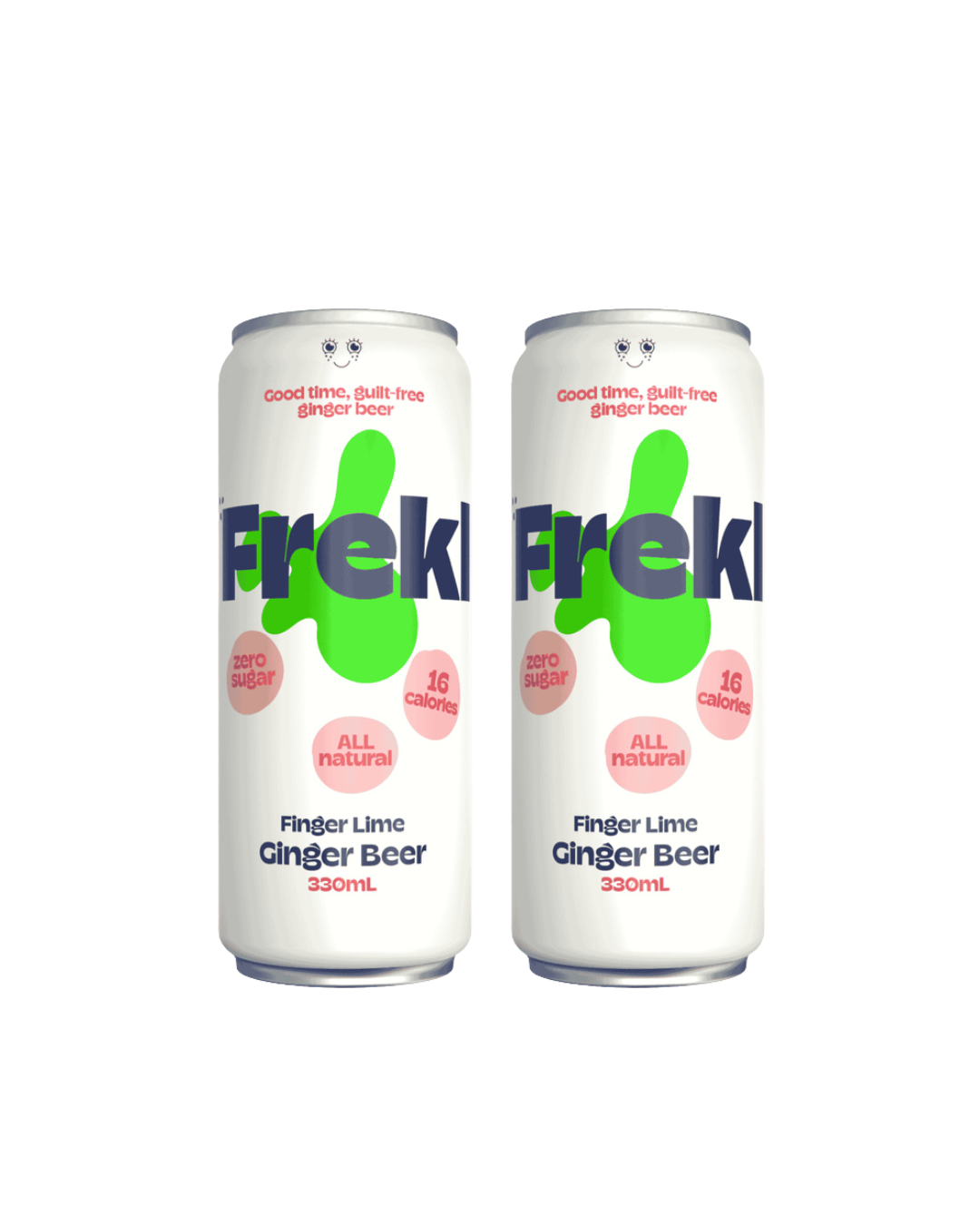 Two cans of Frek Finger Lime Ginger Beer on a white background