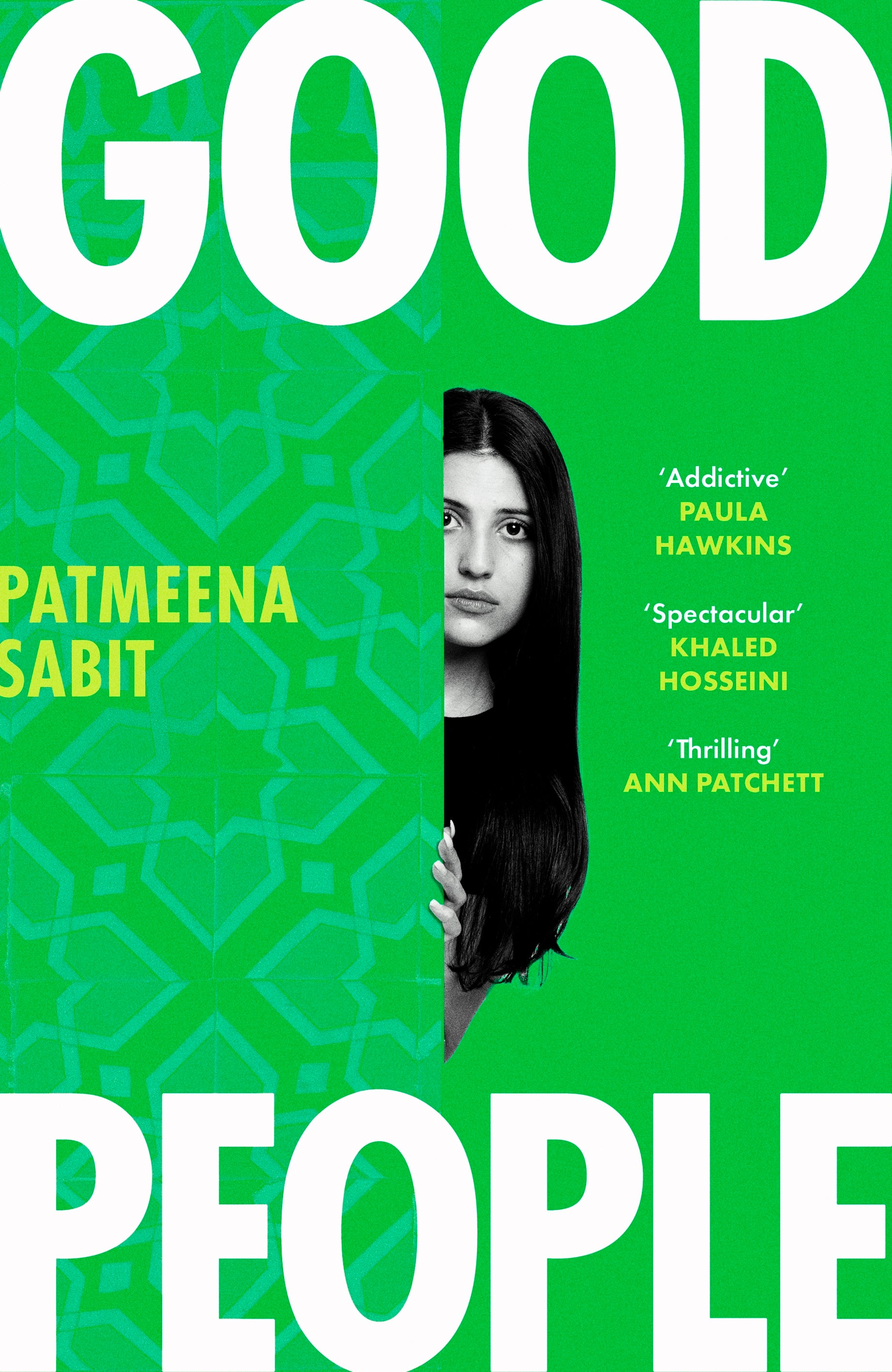 Book cover of 'Good People' by Patmeena Sabit with a green background and a woman's face.