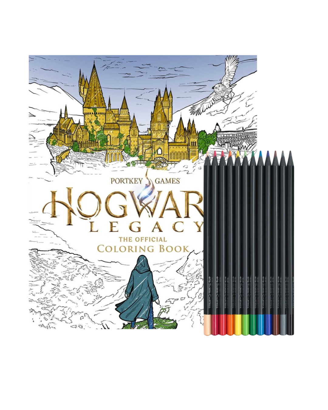 Hogwarts coloring book with colored pencils on a white background