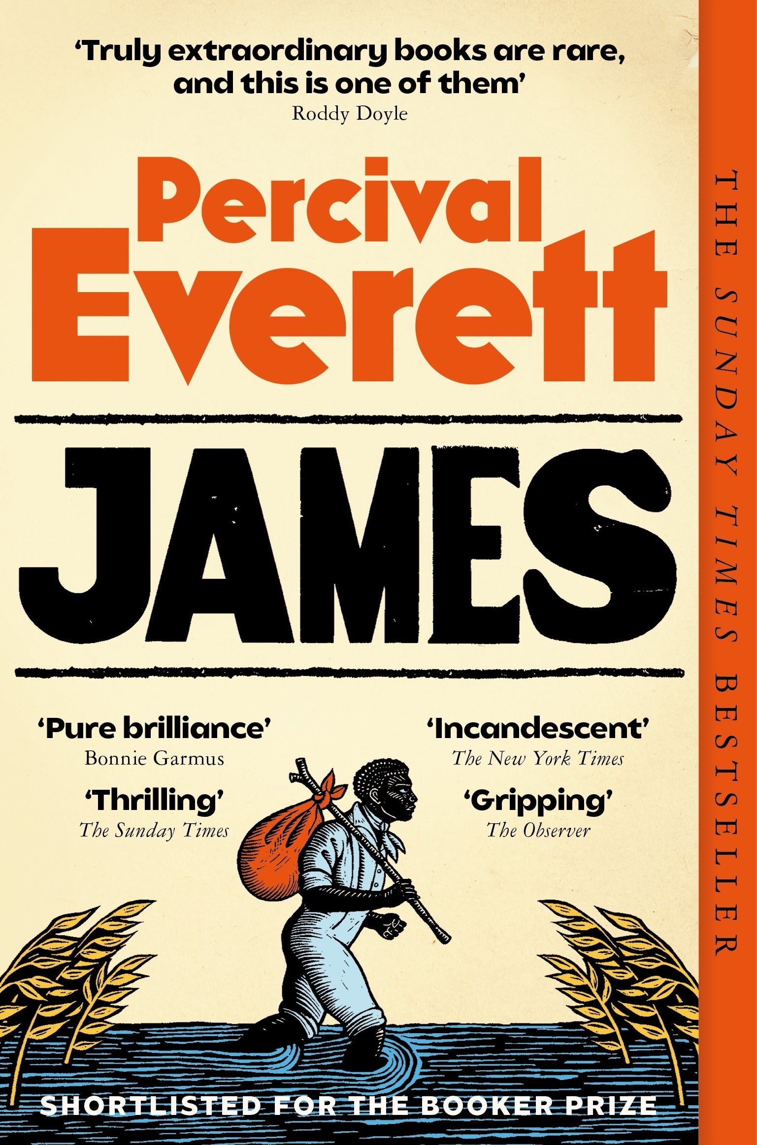 Book cover of 'James' by Percival Everett with text and illustration on a white background