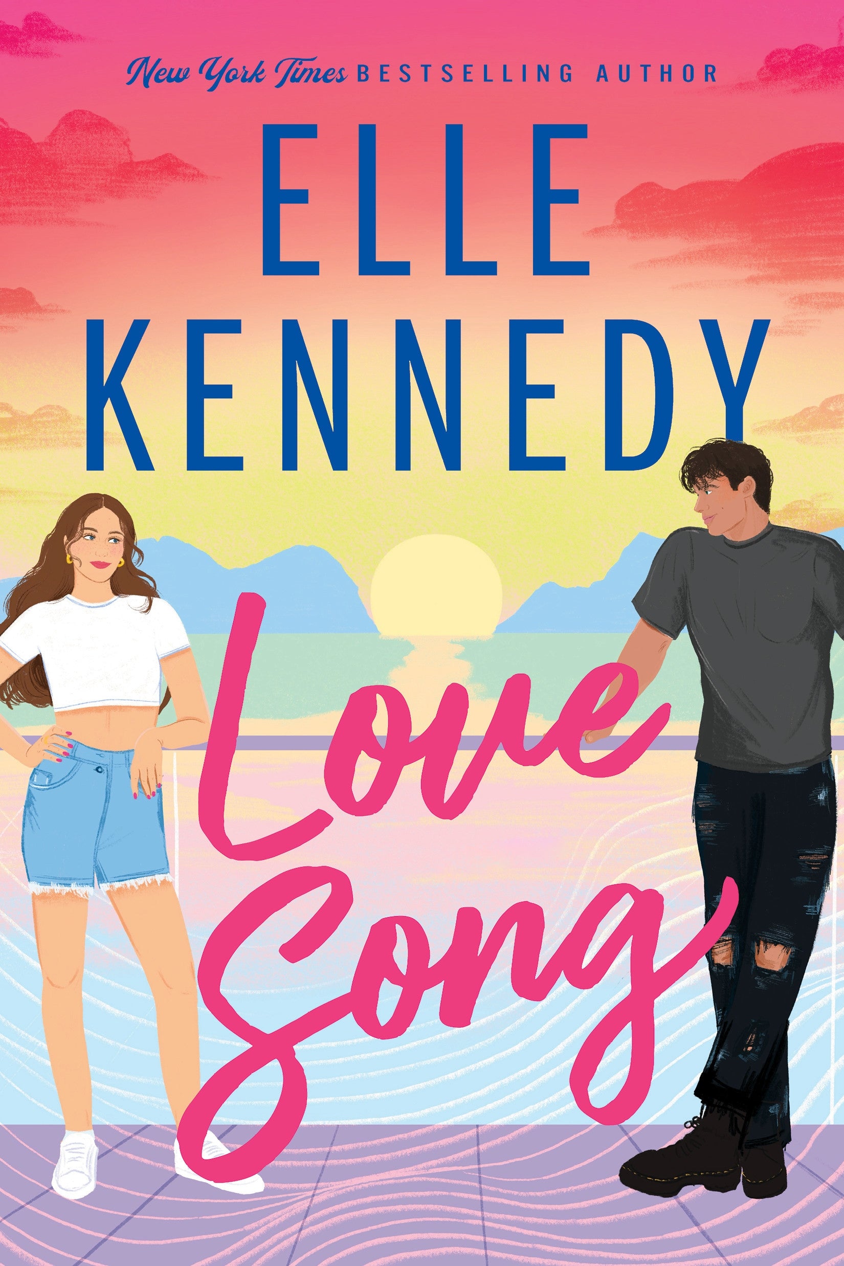 Book cover of 'Love Song' by Elle Kennedy with a colorful background and two people standing on a beach.