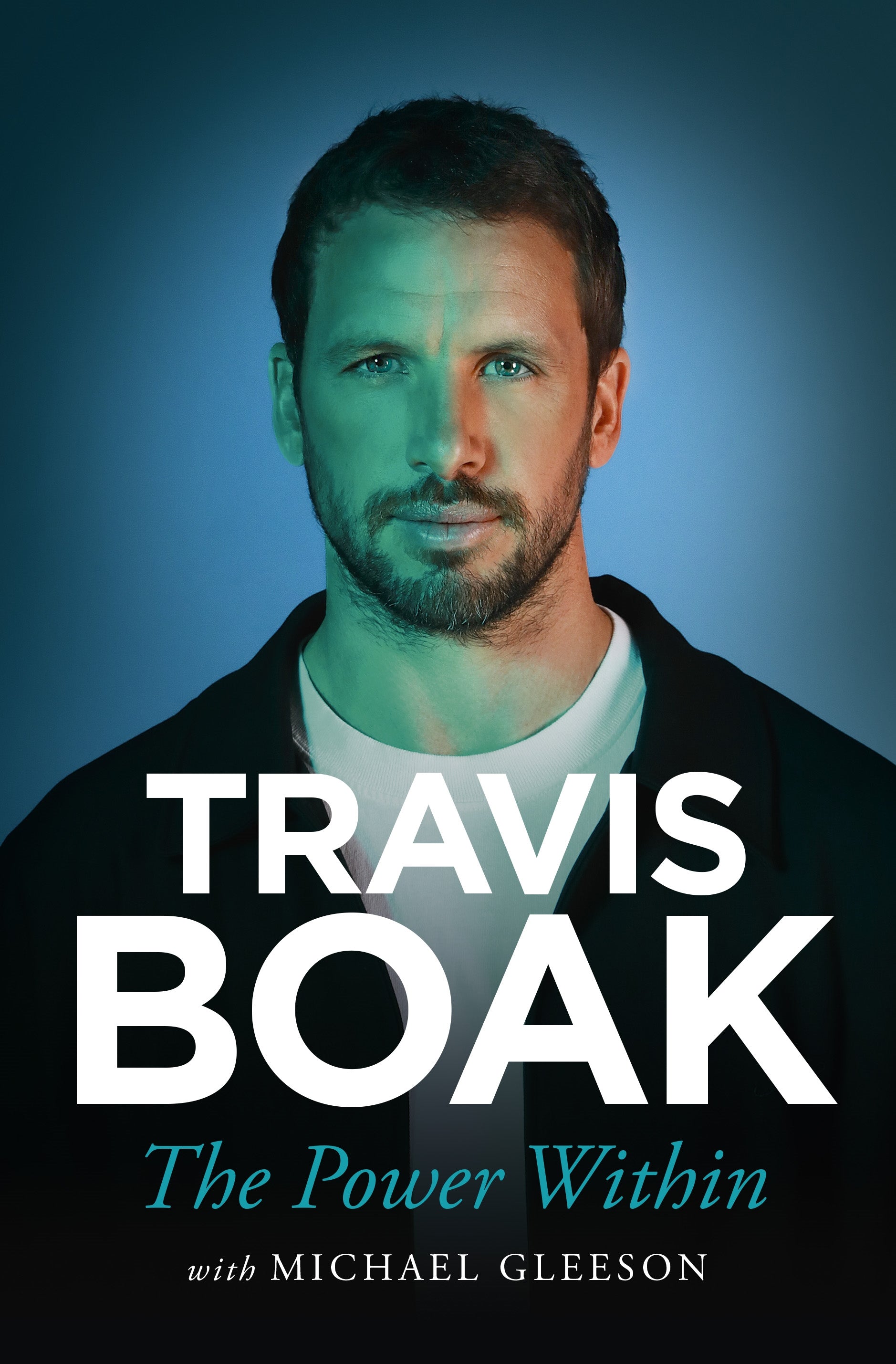 Book cover featuring a man with text 'Travis Boak: The Power Within' on a blue background. Port Adelaide Football player biography