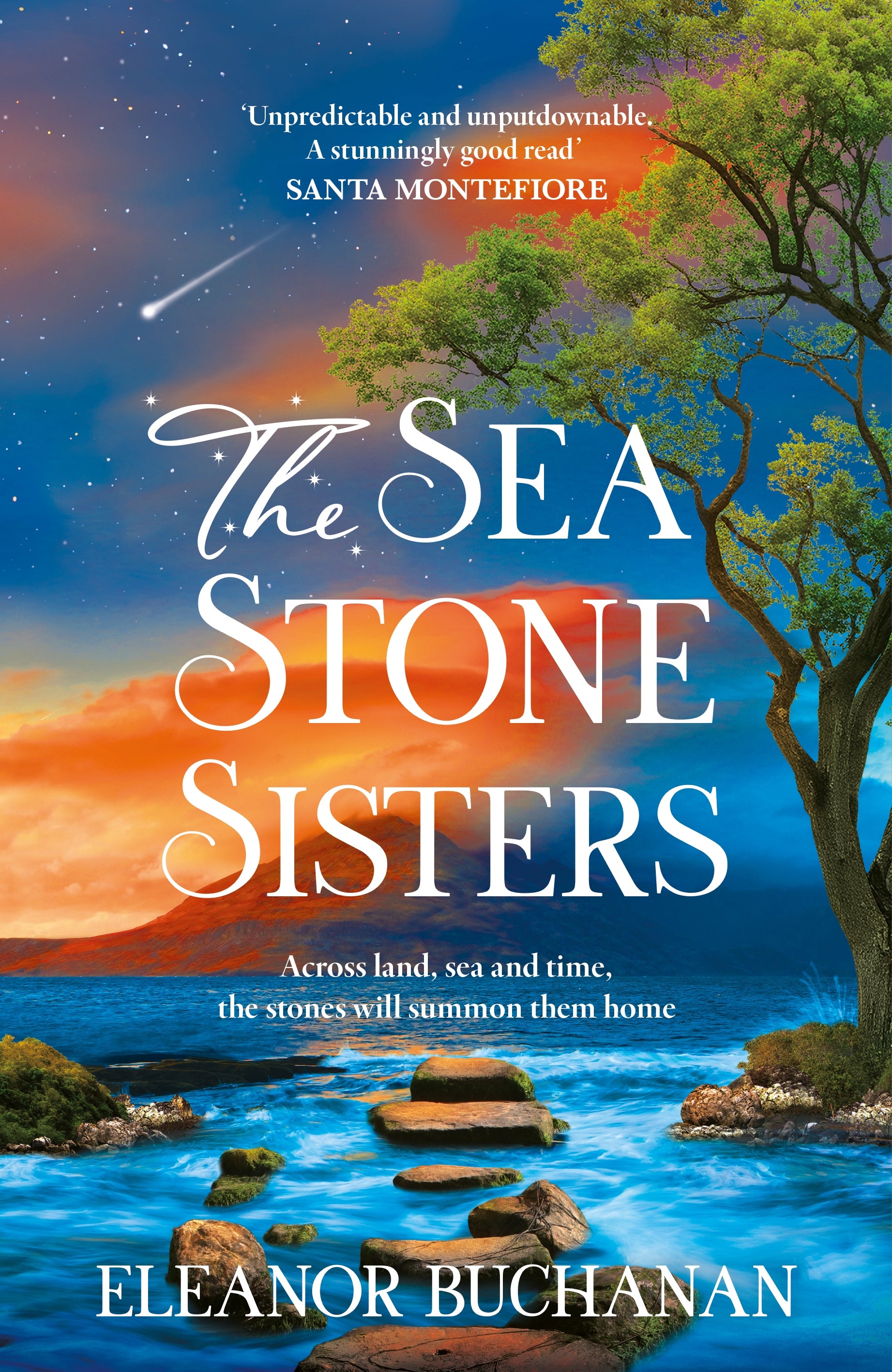 Book cover of 'The Sea Stone Sisters' with a tree, rocks, and sunset.