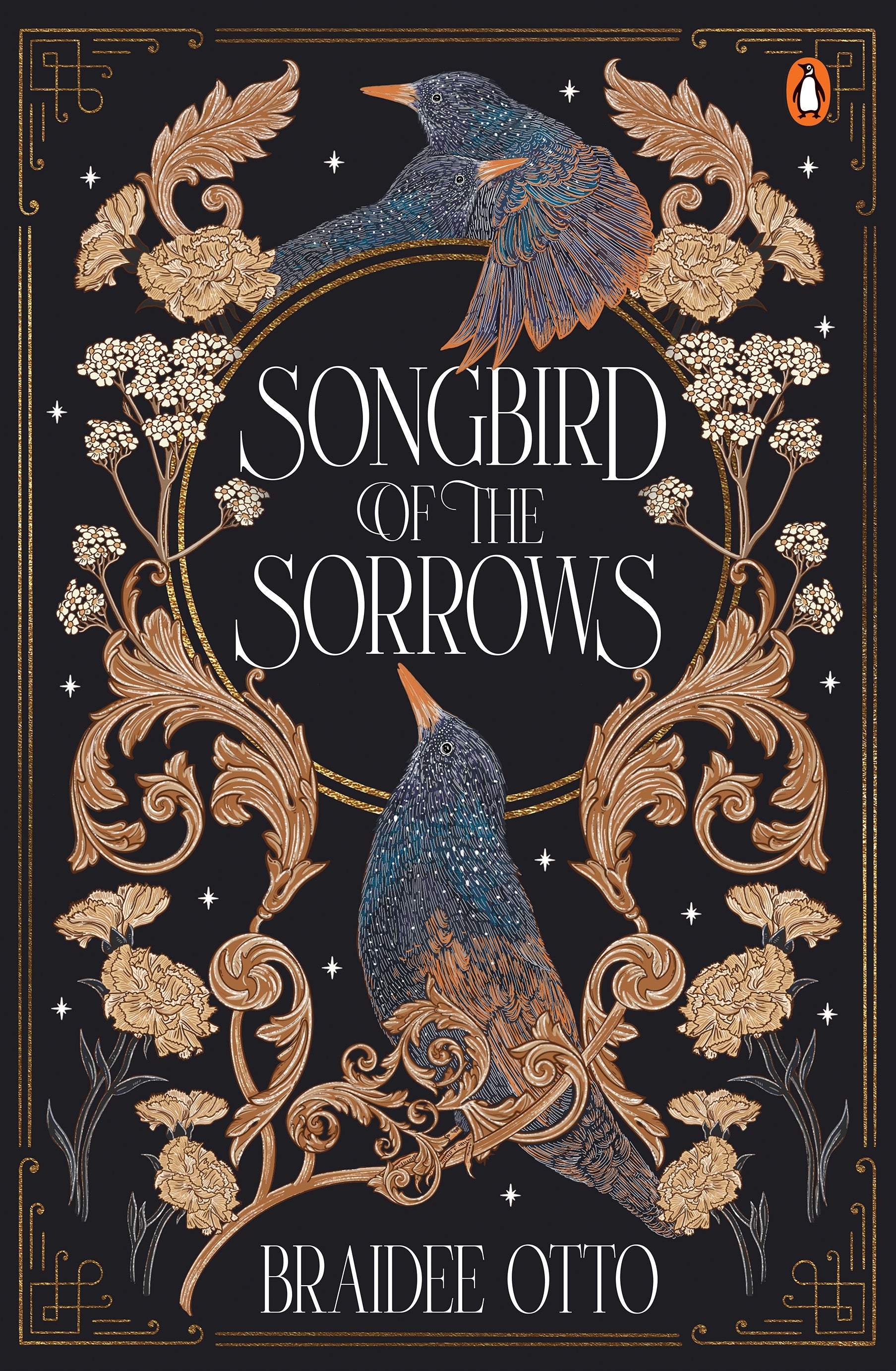 Book cover of 'Songbird of the Sorrows' with decorative birds and floral elements.