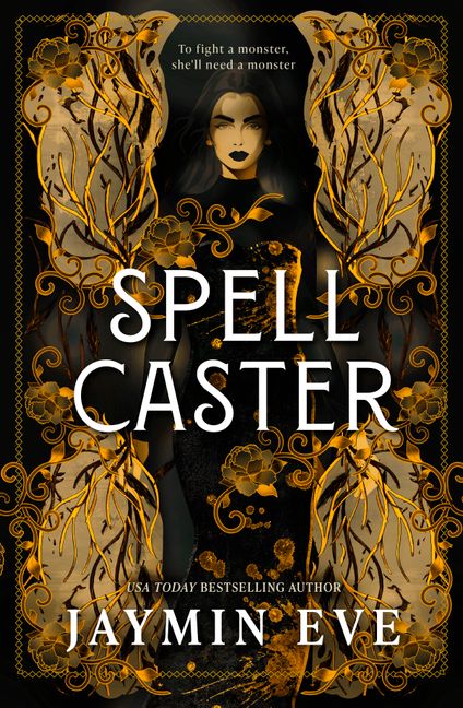 Book cover of 'Spellcaster' with ornate gold designs and a dark background