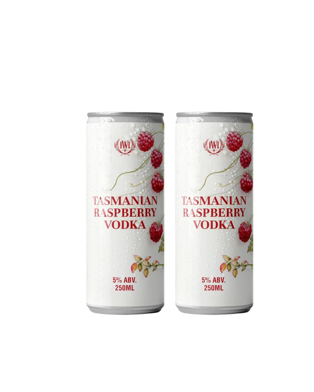 two cans Tasmanian Raspberry vodka on a white background