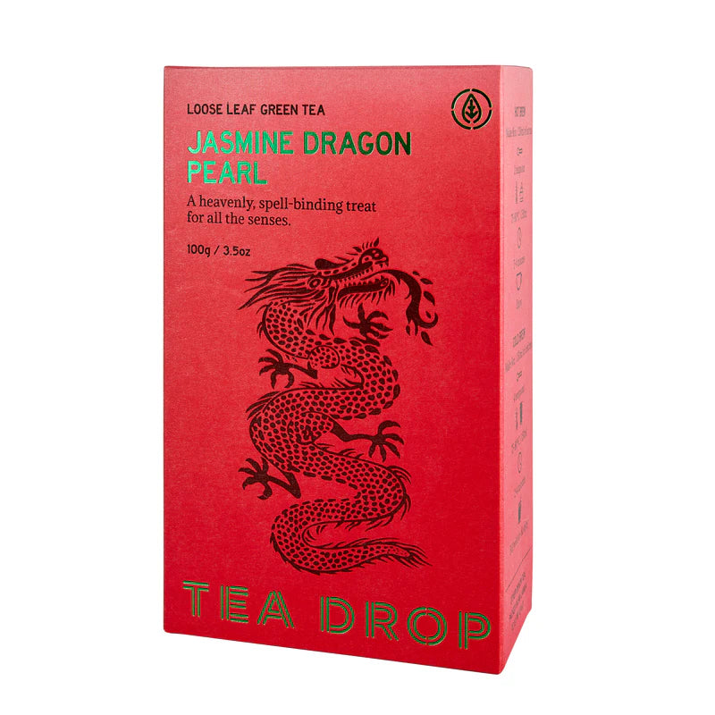 Red tea box with black dragon design and 'Tea Drop' branding on a white background