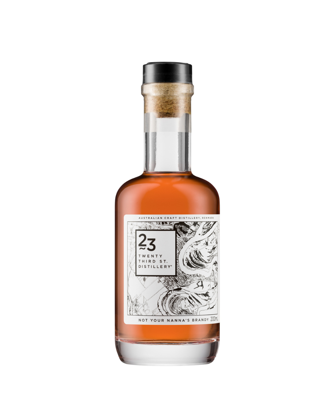 Bottle of 23rd St Distillery Brandy on a white background