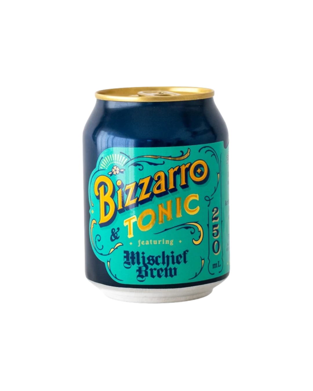 A single can of Bizzarro & Tonic featuring Migchiet Brew, with a dark blue body, a teal label with yellow and white lettering, and a gold pull-tab lid, isolated on a white background.