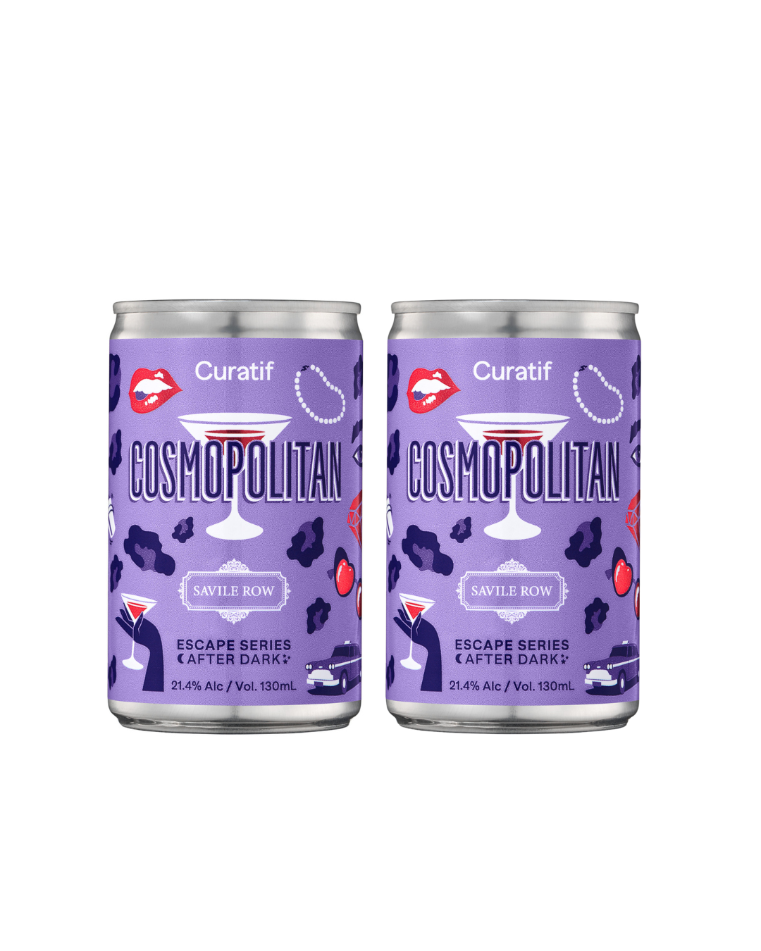 Two cans of Curatif Cosmopolitan on a white background