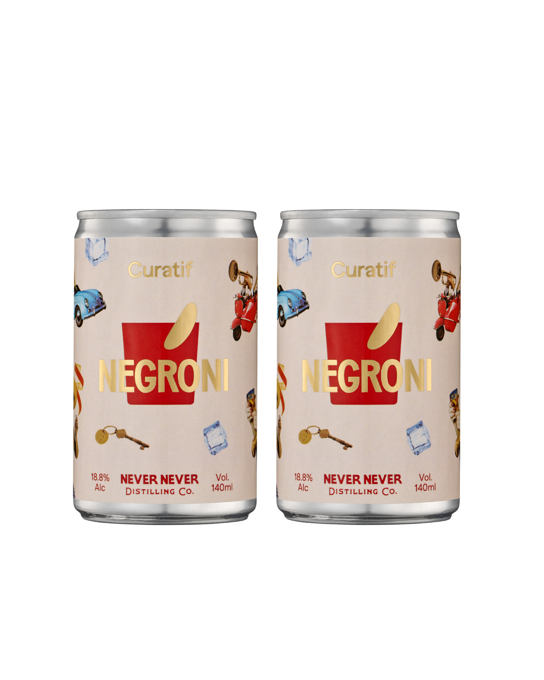 Two cans of Negroni from Never Never Distilling Co on a white background