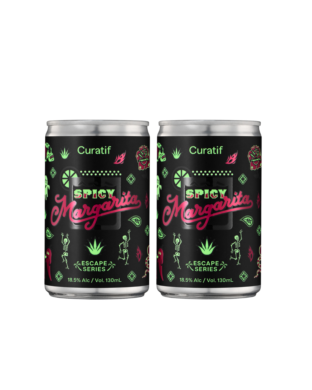 Two cans of Curatif Spicy Margarita on a white background