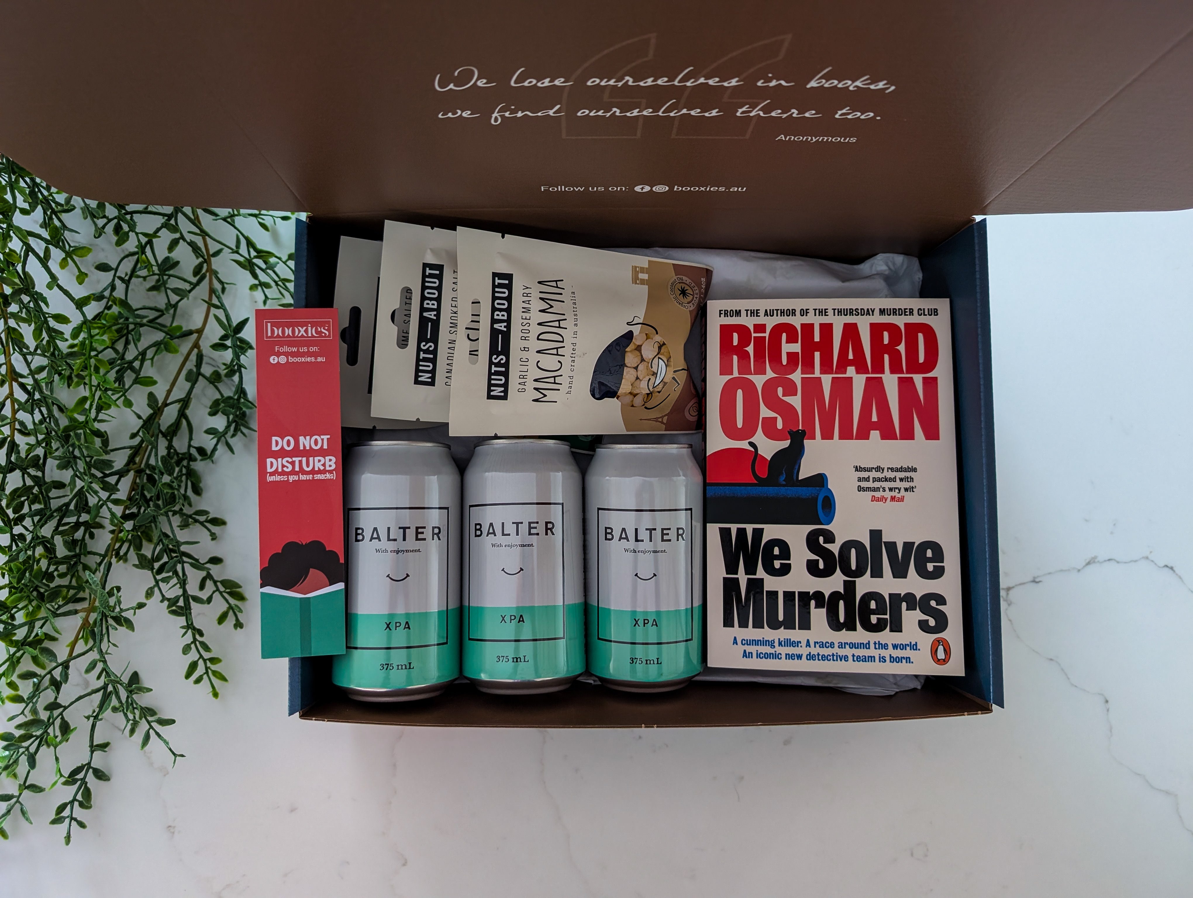 happy hours curated booxies with 3x balter beer and 3x roasted nuts bags