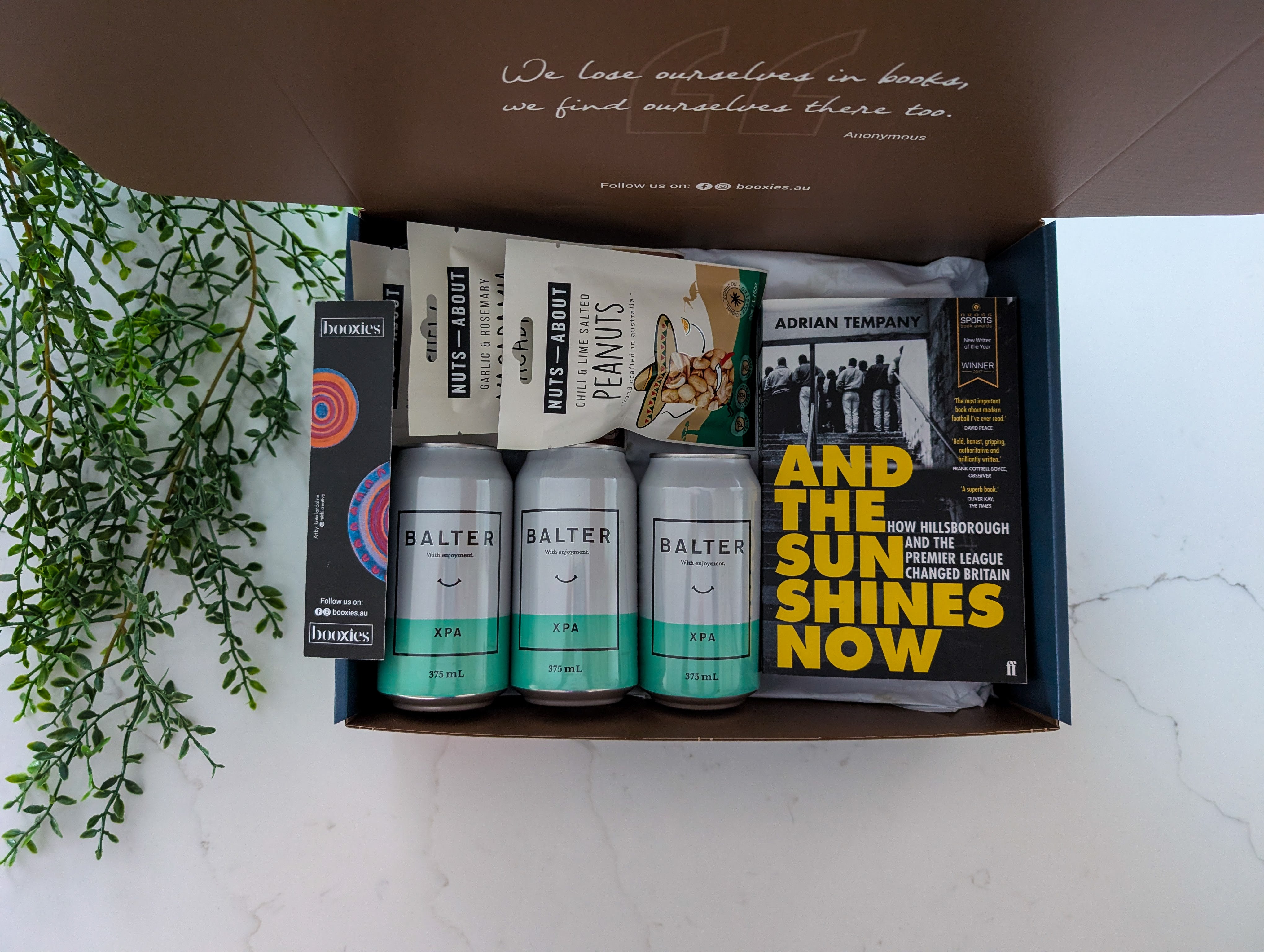 happy hours curated booxies with 3x balter beer and 3x roasted nuts bags