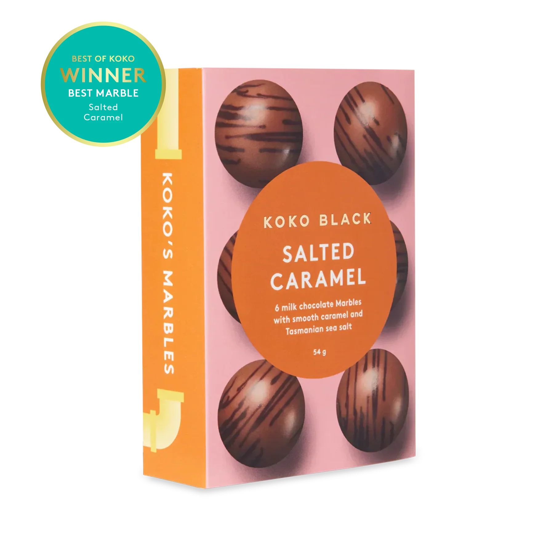 Koko Black Salted Caramel chocolate marbles packaging on a white background