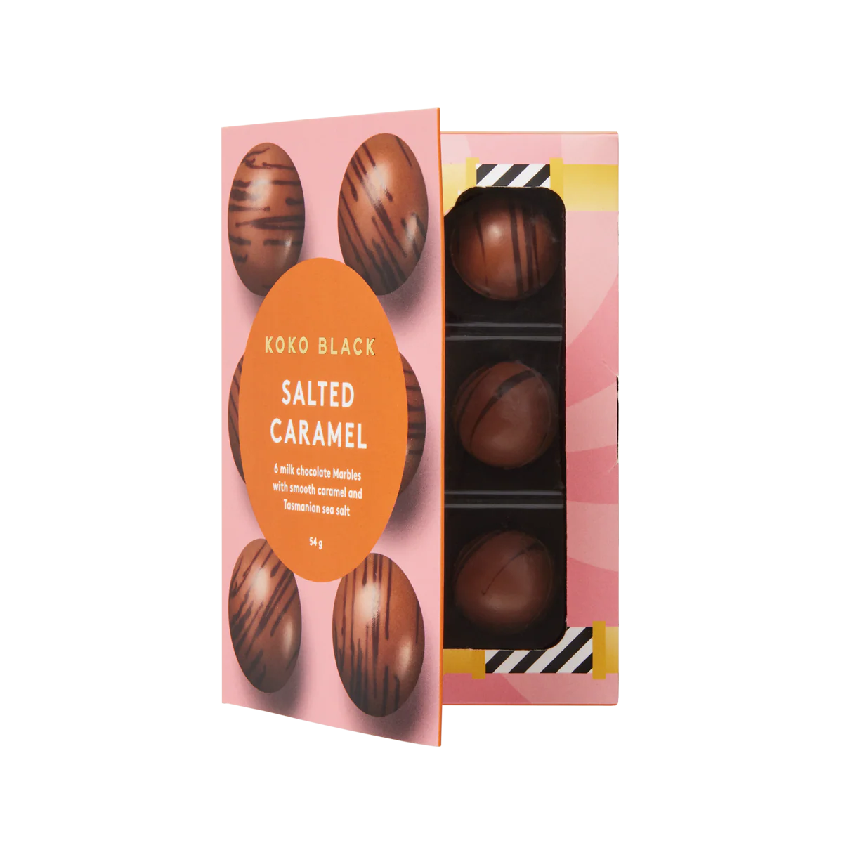 Koko Black salted caramel chocolate truffles in a pink packaging box on a white background