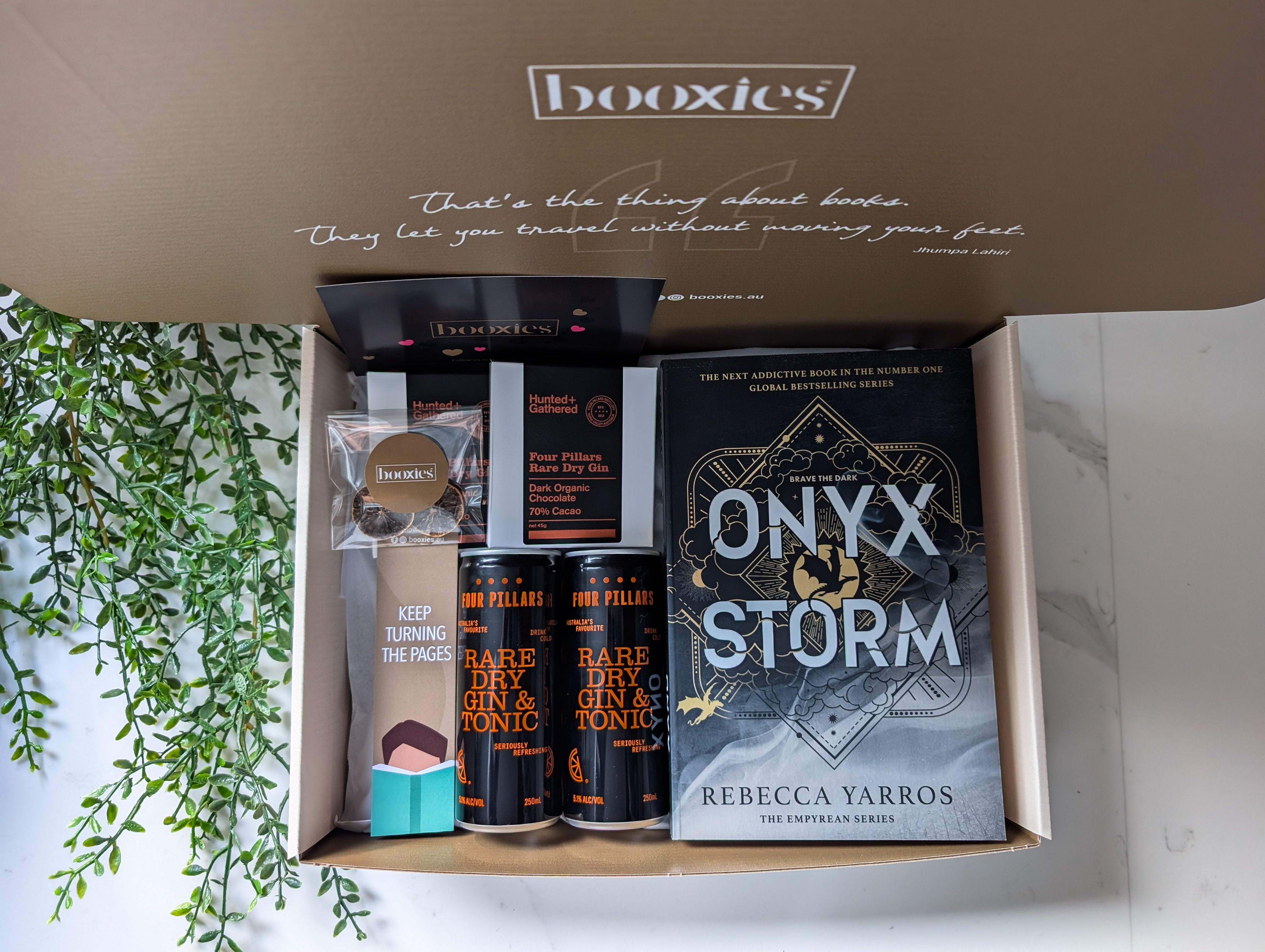 Gin, Tonic N books booxies gift box includes a book from your favourite genre, 2x rare dry gin & tonic, 2 gin infused chocolate, bookmark, garnish and greeting card