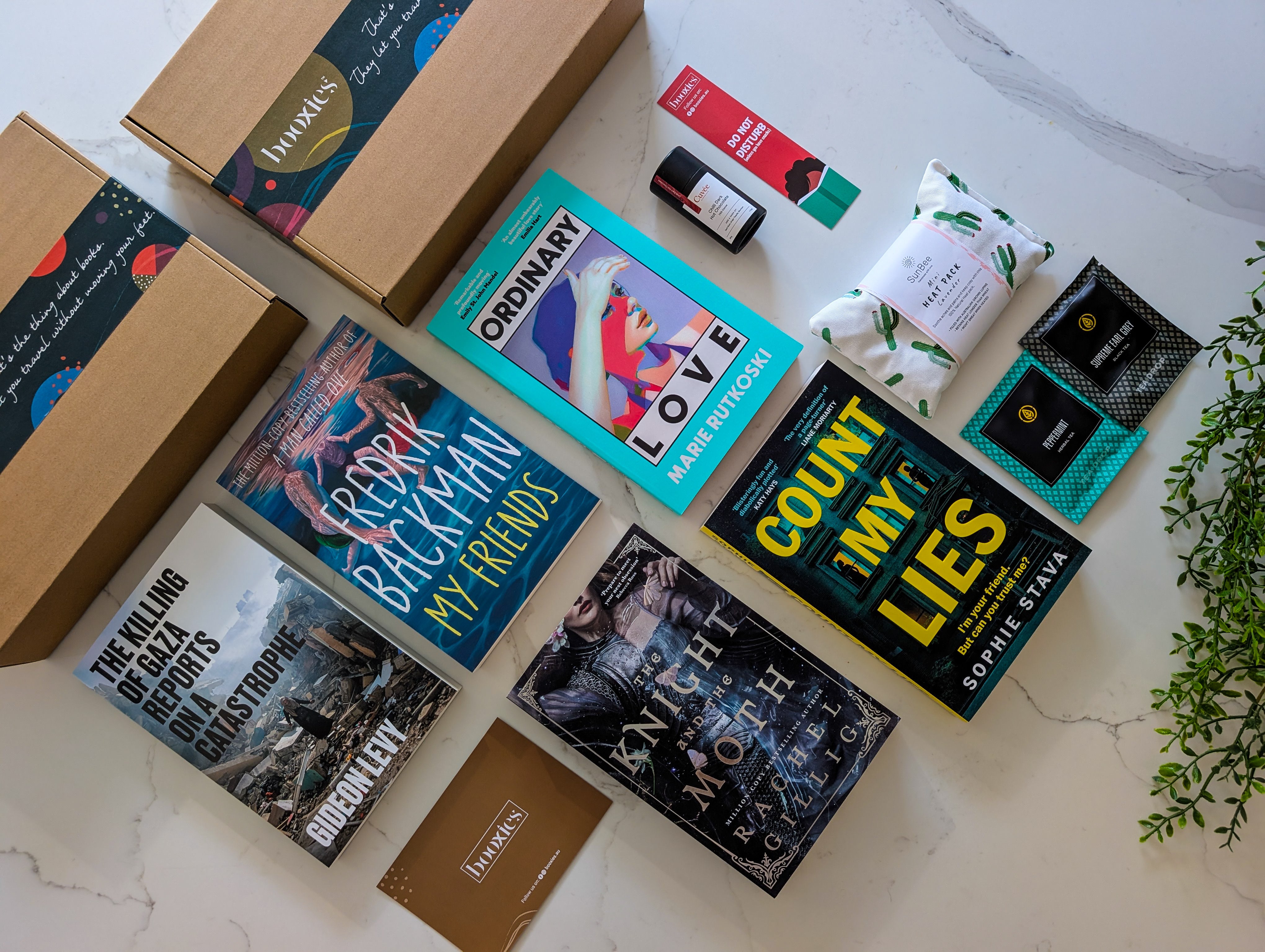 Collection of books and packaging on a marble surface with a plant in the corner representing July Mystery Booxies