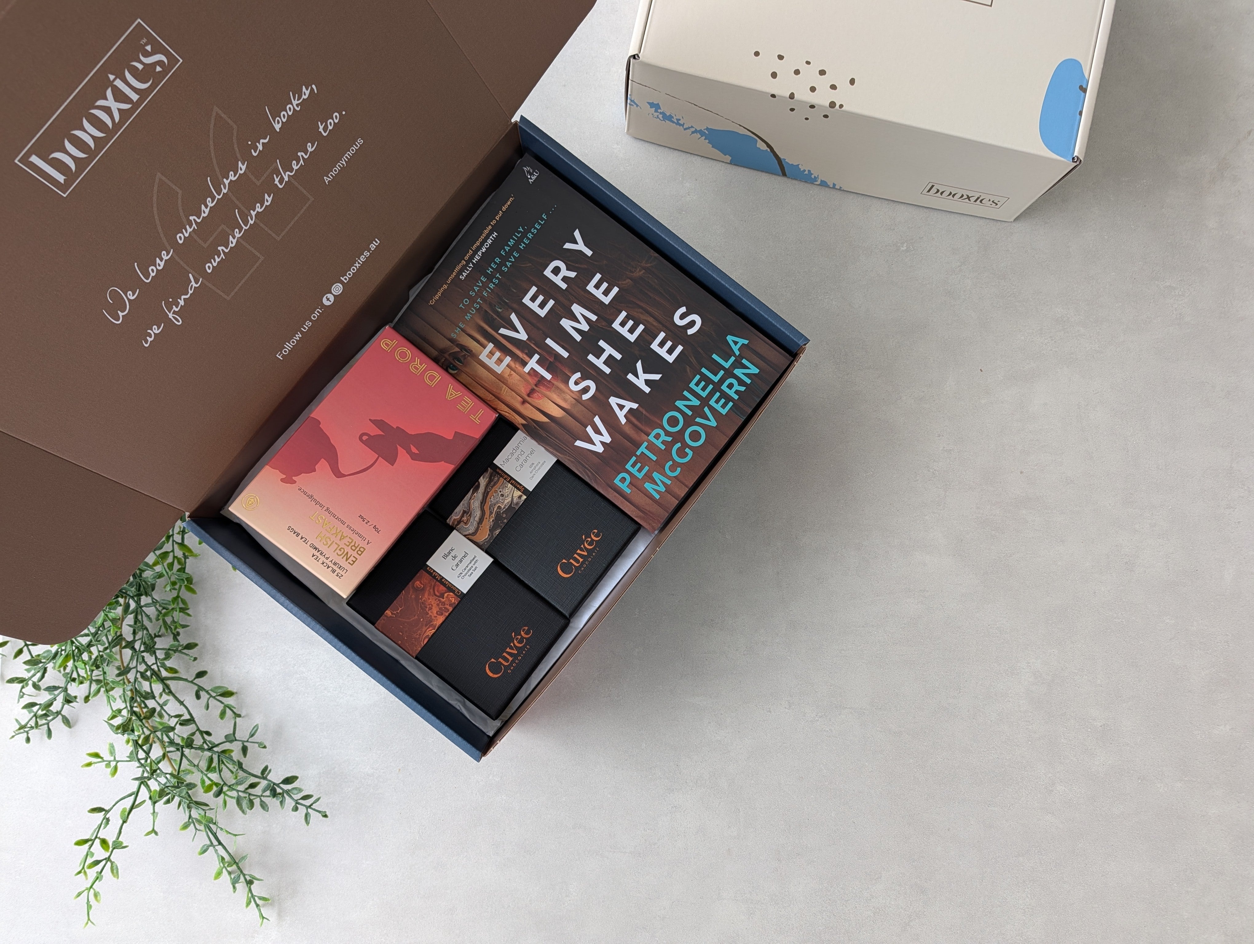 The Reading Ritual booxies gift box showing book, chocolate and tea in an open box