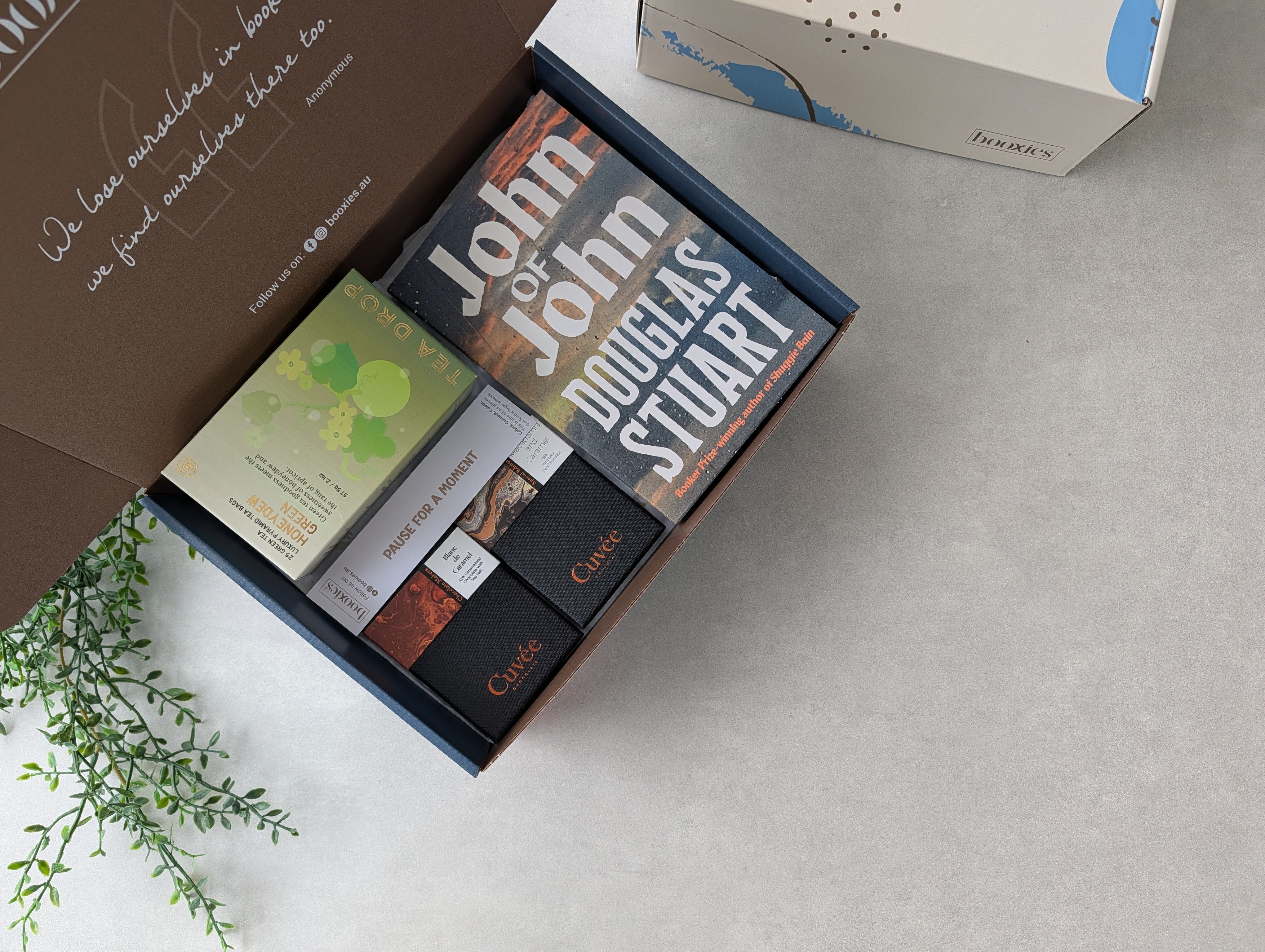 The Reading Ritual booxies gift box showing book, chocolate and tea in an open box