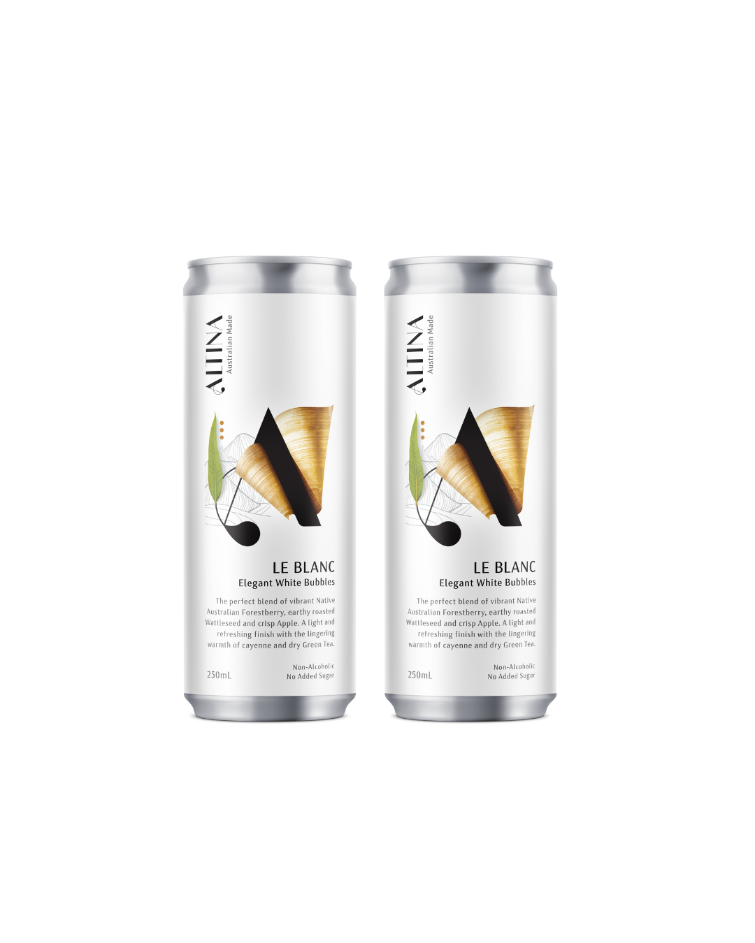 Two cans of Altina alcohol free Le Blanc on a white background