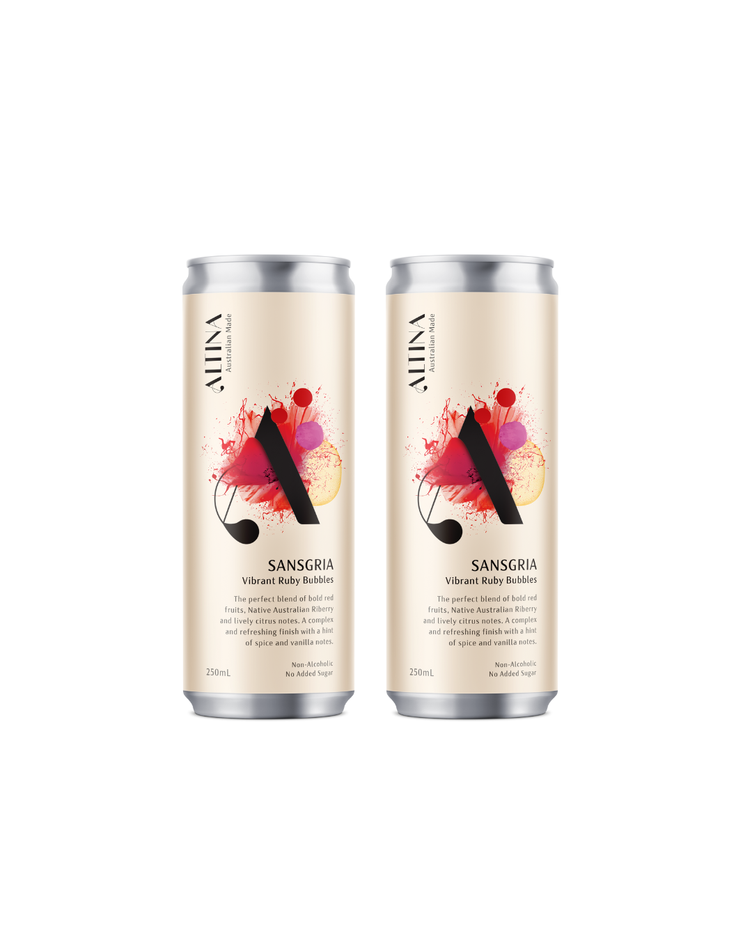 Two cans of Altina alcohol free Sansgria on a white background
