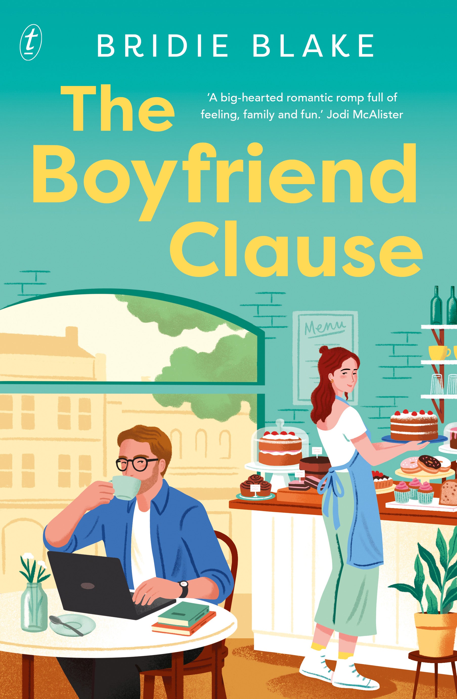 Book cover of 'The Boyfriend Clause' by Bridie Blake, featuring a couple in a bakery.
