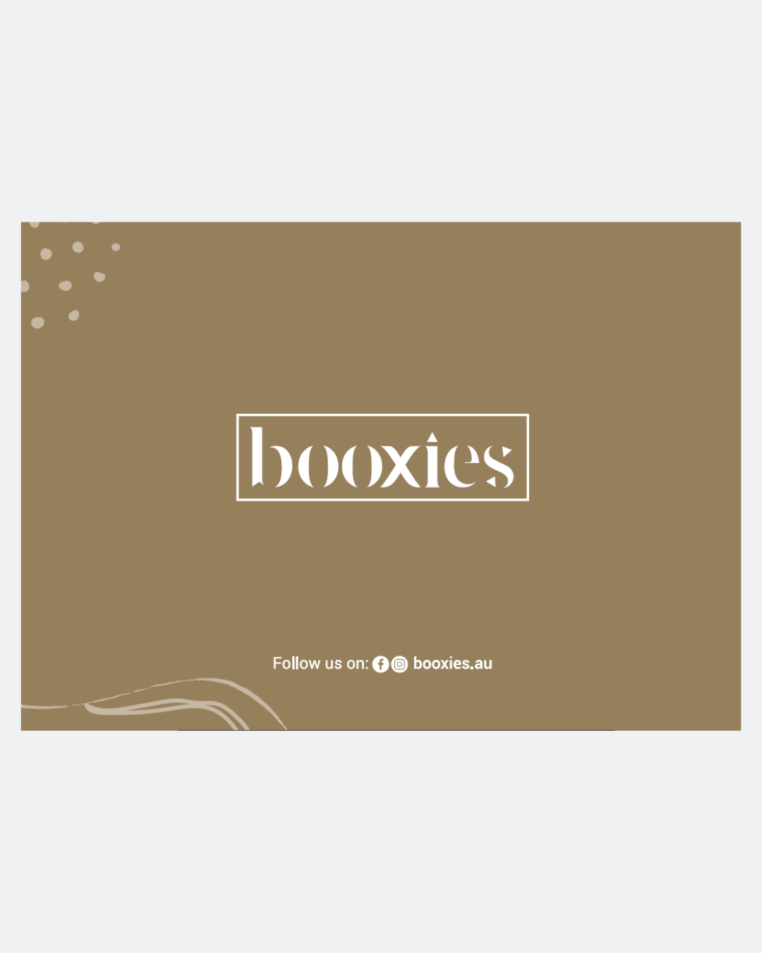 gold card with 'booxies' logo and social media information on a white background
