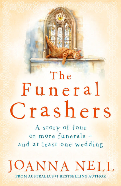 Book cover of 'The Funeral Crashers' by Joanna Nell with a cat on a window sill.