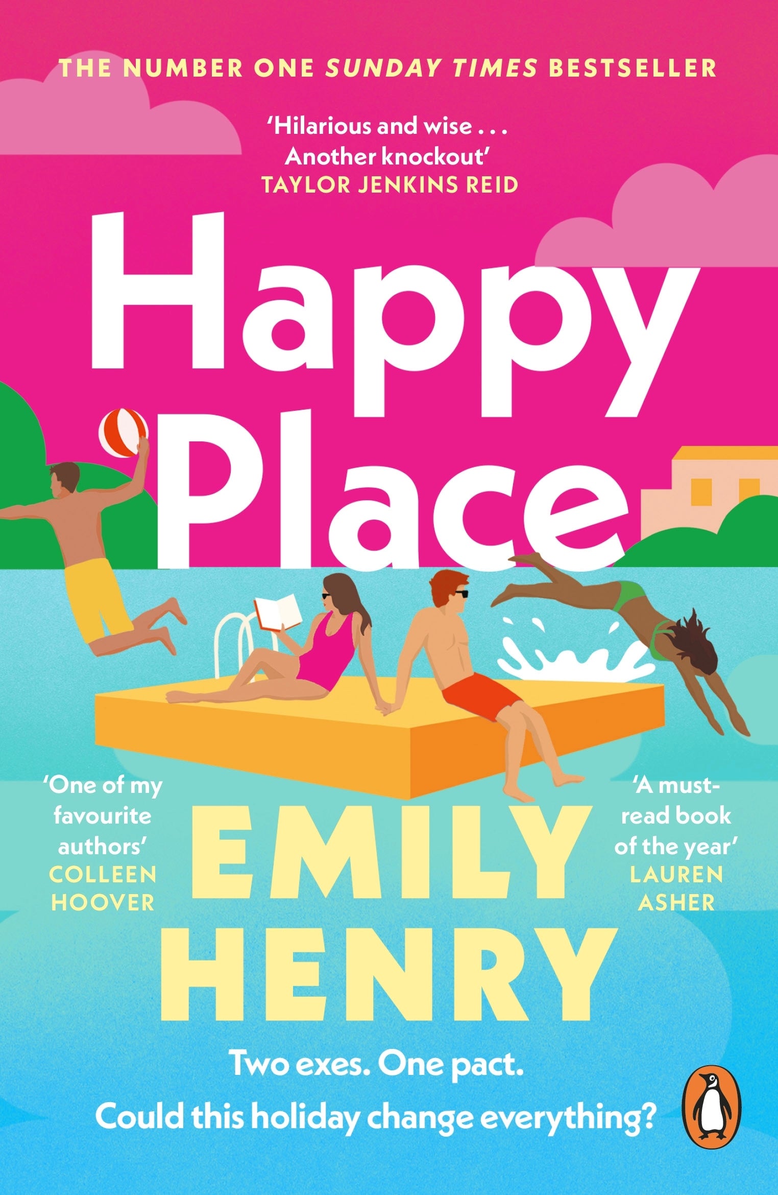 Book cover of 'Happy Place' by Emily Henry with a pink and blue background featuring people by a pool.