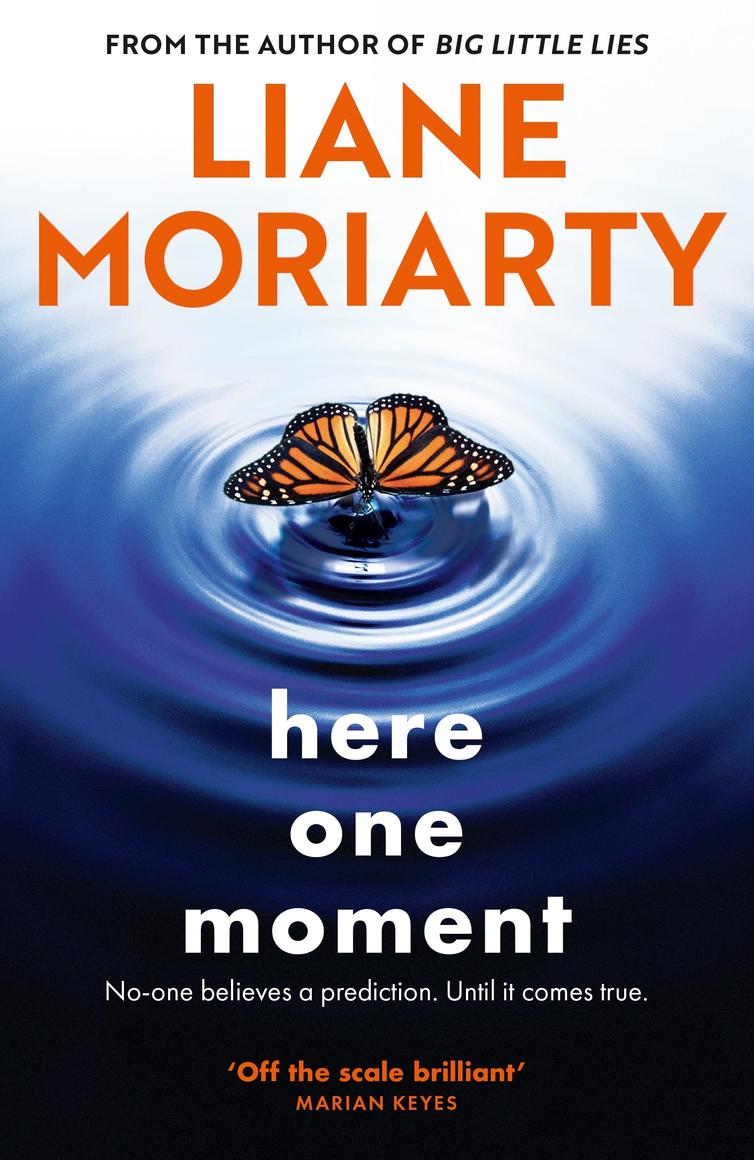 Book cover of 'Here One Moment' by Liane Moriarty with a butterfly on water.