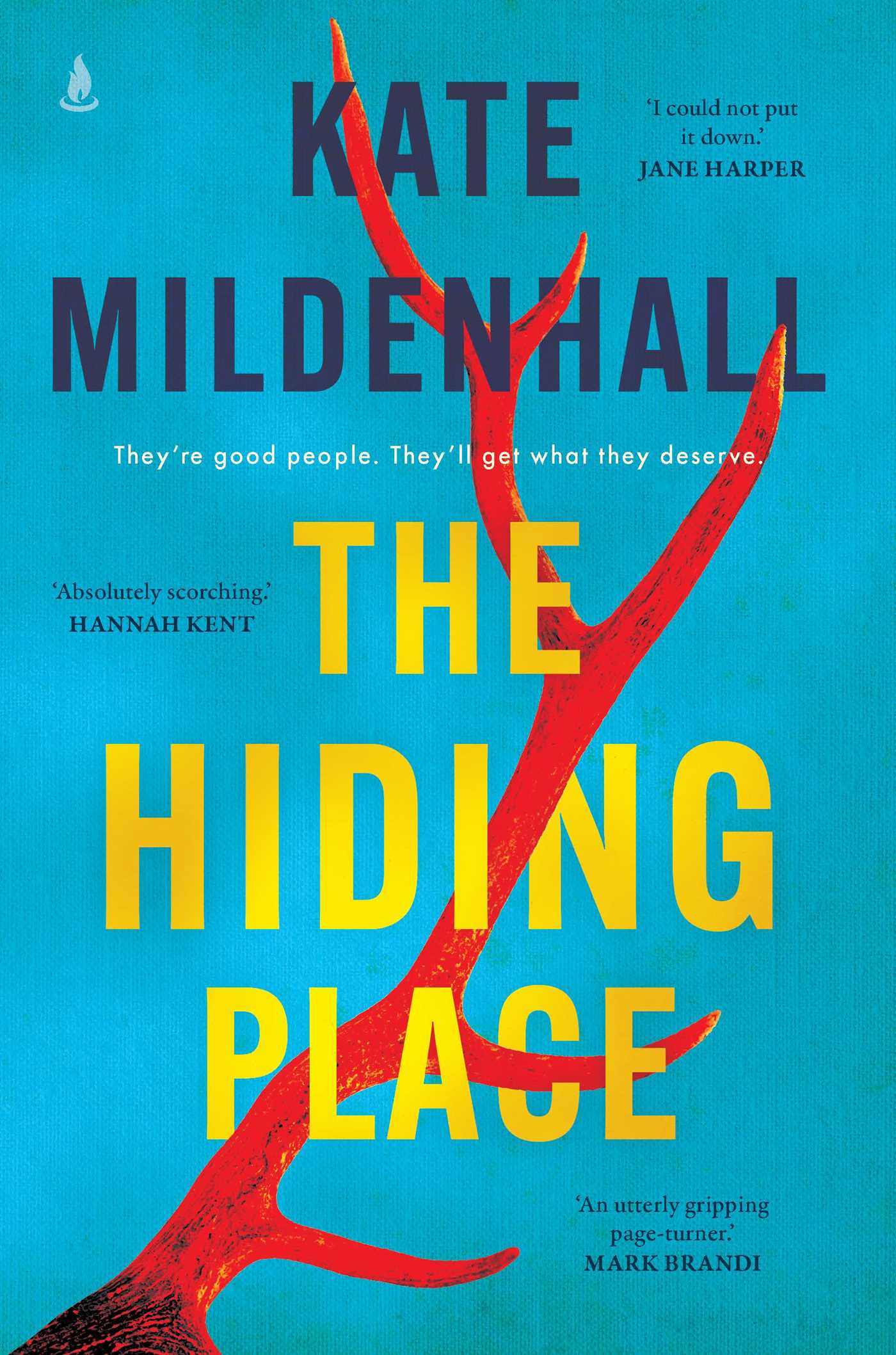 Book cover of 'The Hiding Place' by Kate Mildenhall with red antlers on a blue background