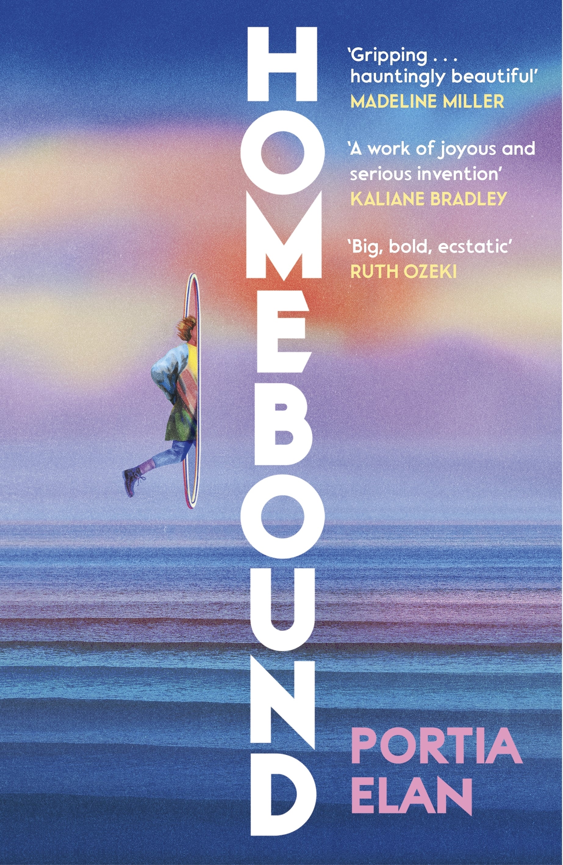 Book cover of 'Homebound' by Portia Elan with a person jumping over water and rainbow in the background.