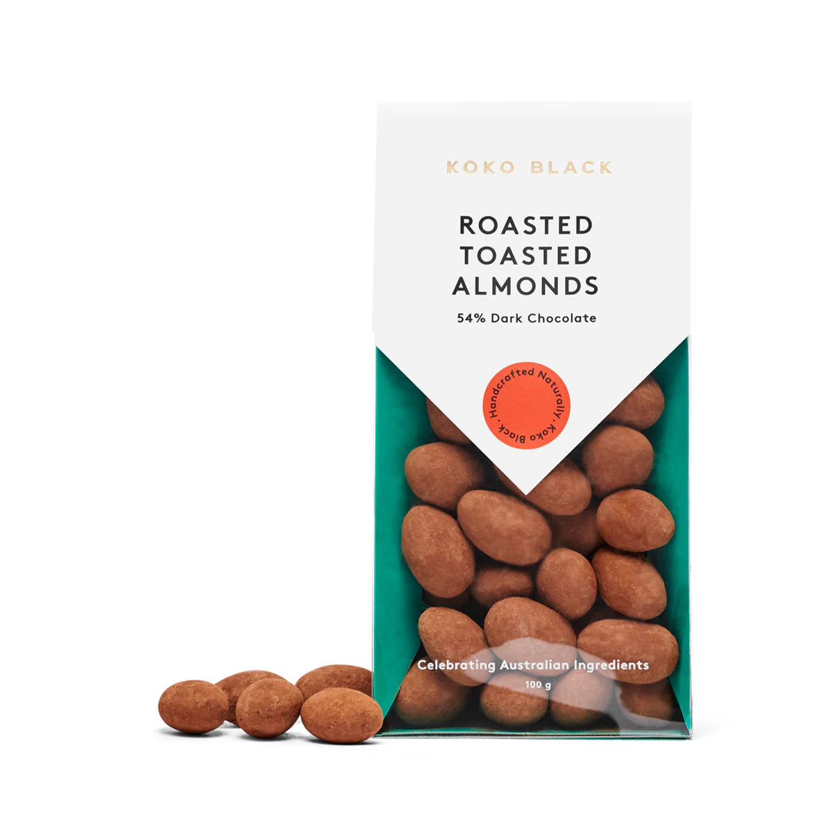 Packaged roasted toasted almonds with Koko Black branding on a white background