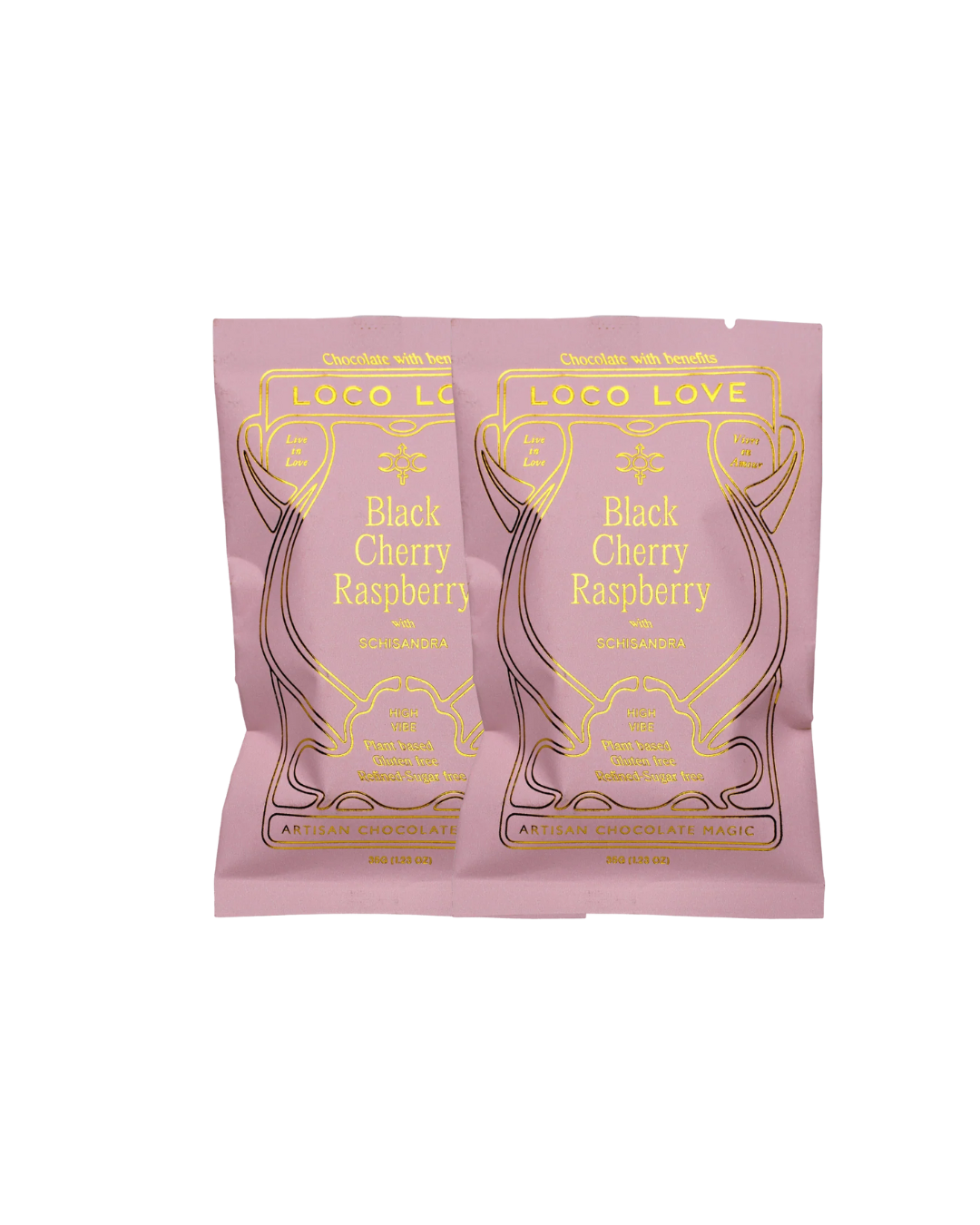 Two pink packages of Loco Love Black Cherry Raspberry chocolate on a white background