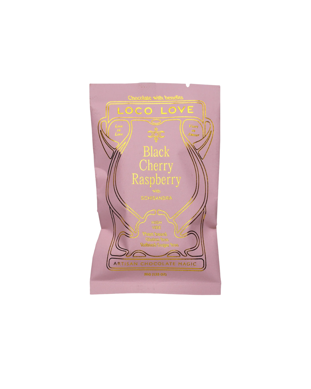 Pink packaging of Loco Love Black Cherry Raspberry product on a white background