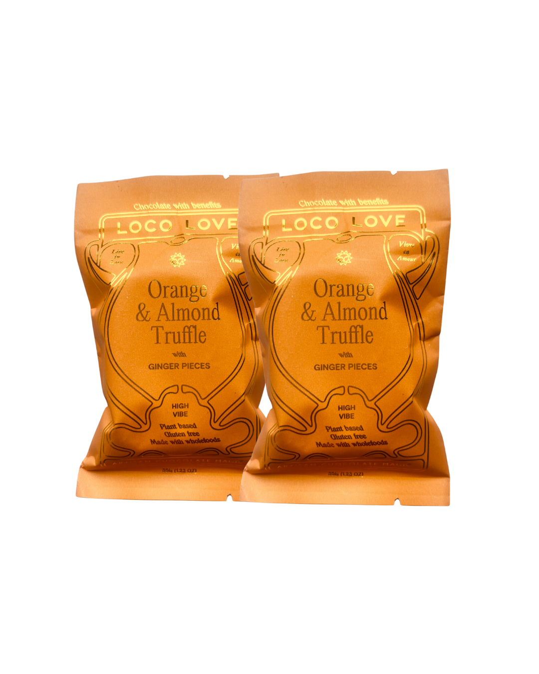 Loco love orange and almond truffle chocolate in orange package and while background