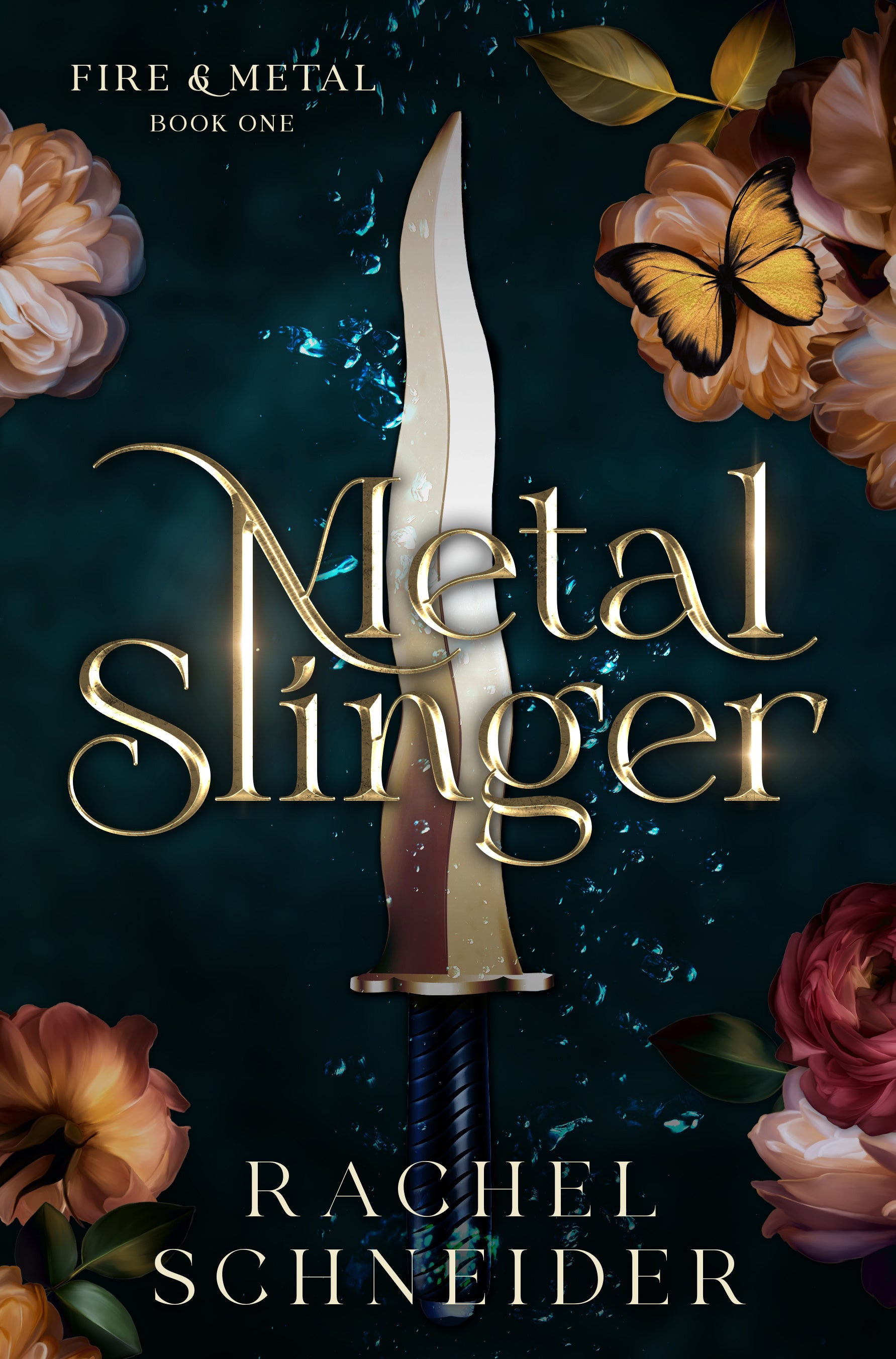 Book cover of 'Metal Slinger' with a sword and flowers on a dark background
