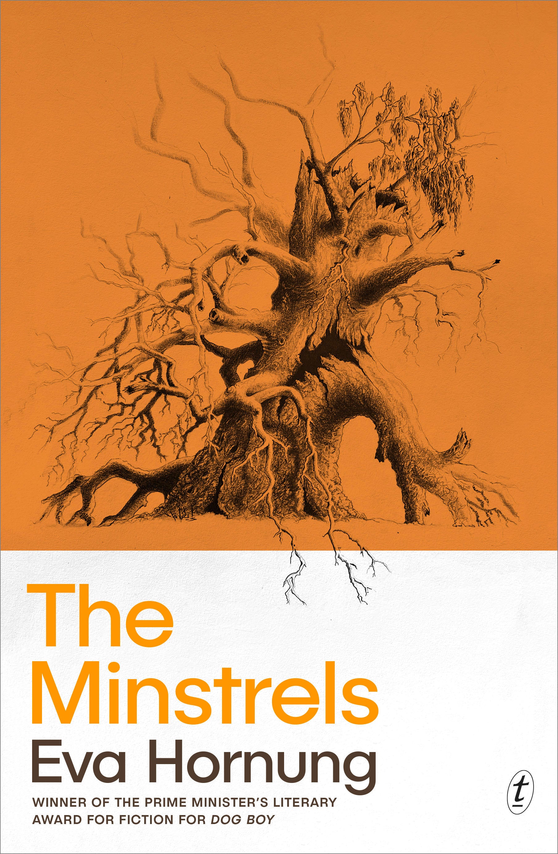 Book cover of 'The Minstrels' by Eva Hornung with an illustration of a tree on an orange background.