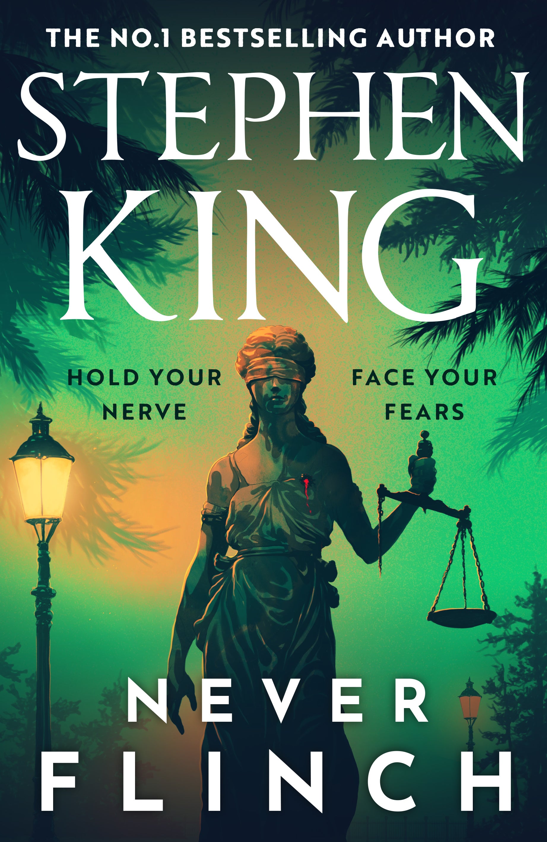 Book cover of 'Never Flinch' by Stephen King with a statue and lantern against a green background.