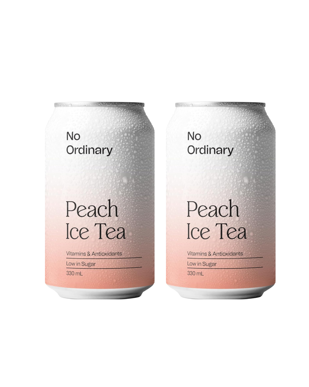 Two cans of 'No Ordinary Peach Ice Tea' on a white background
